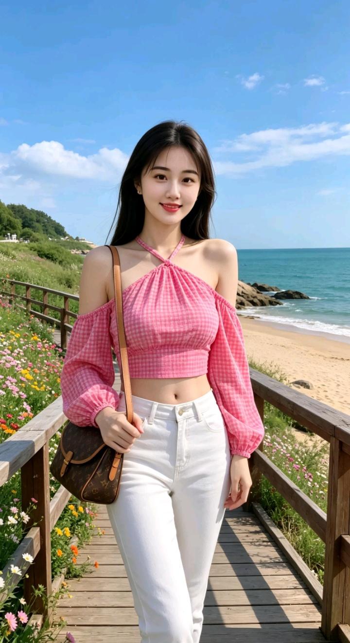 海边散步，阳光明媚，好心情。新式田园风穿搭户外旗袍打卡地海滩旗袍写真