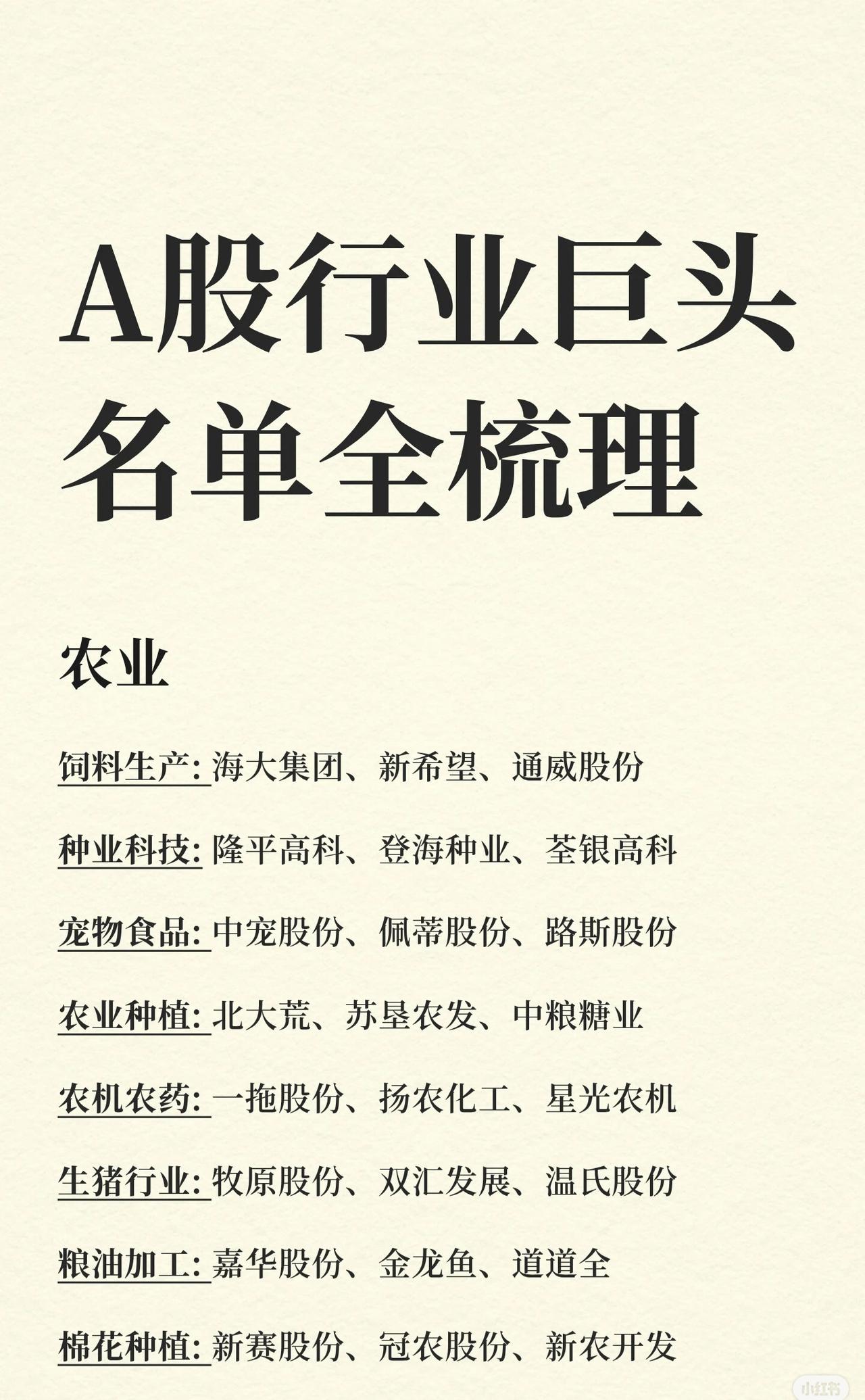 这张A股行业巨头名单梳理涵盖多领域：-农业：含饲料生产、种业科技等8个子行