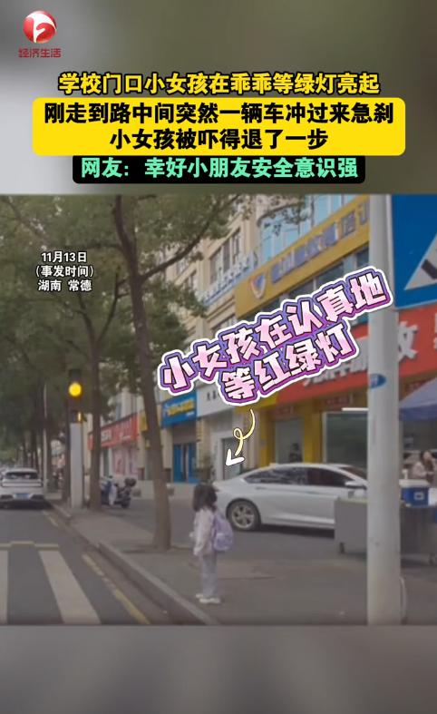 11月13日，湖南常德，一小女孩上学时，站在斑马线前等红灯，绿灯亮起后她开始过马