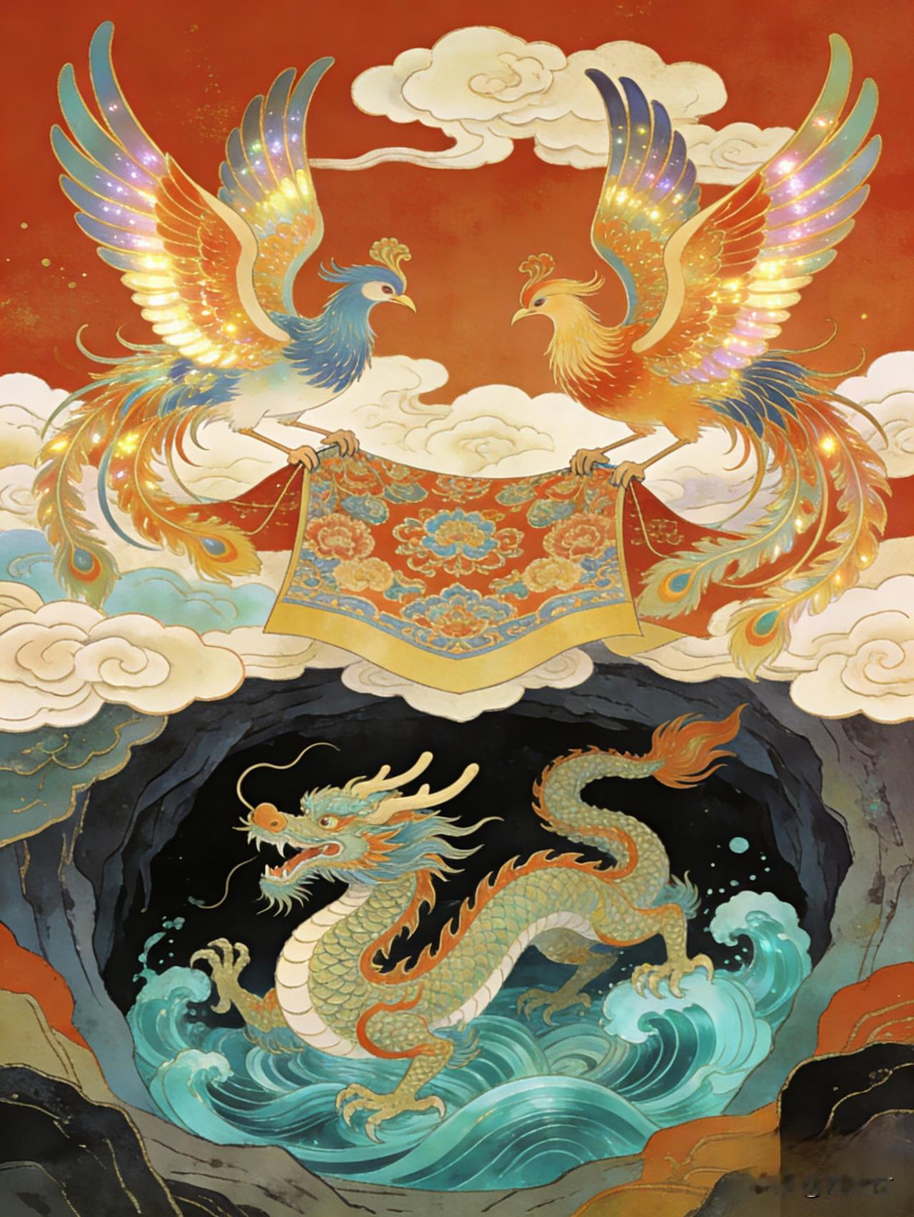 上联： 双凰振翅裁云锦，下联：一龙腾渊卷碧波。