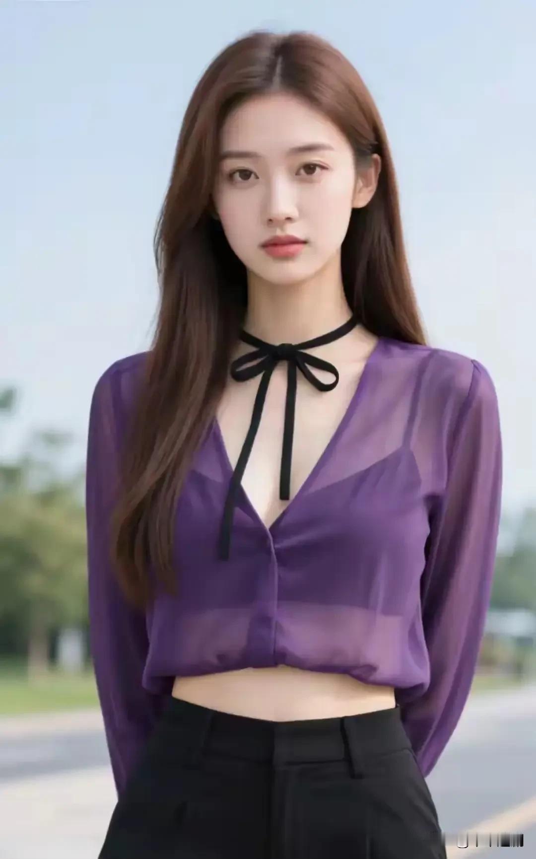 紫纱轻透，黑蝶系颈。在街头的风里，一抹温柔的紫，是藏在日常里的心动。黑纱