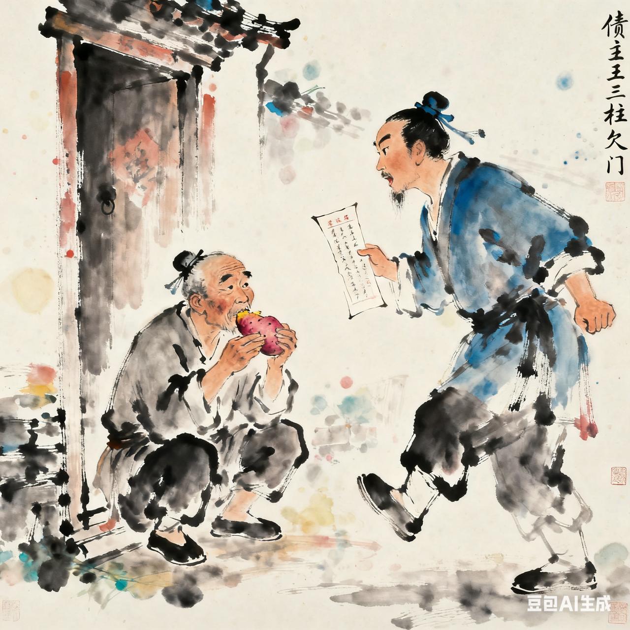 古代笑话债主王三柱揣着欠条找上门，见欠债的李老栓正蹲门槛上啃红薯，急得直跺脚