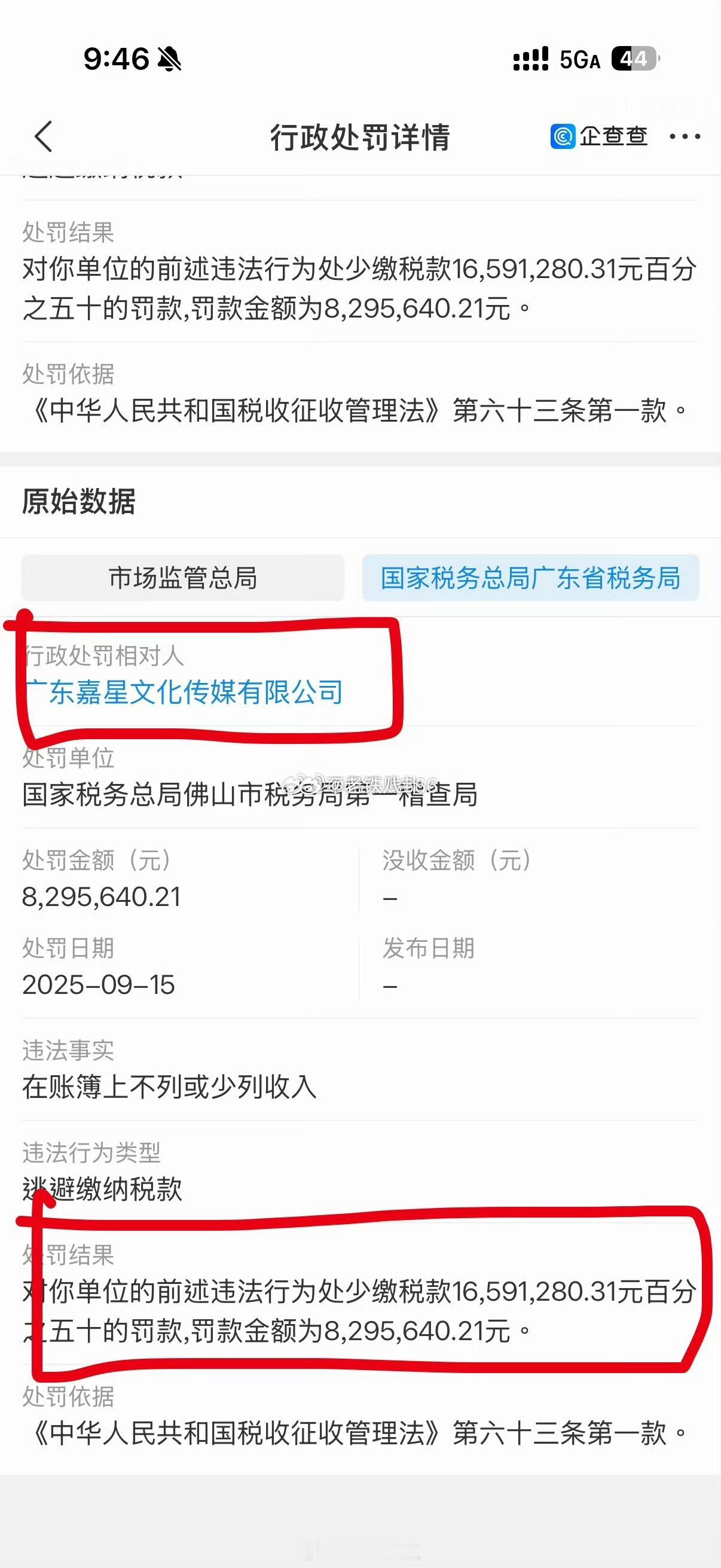 5000w粉丝网红周周珍可爱公司“广东嘉星文化传媒”被佛山税务查出少缴税款160