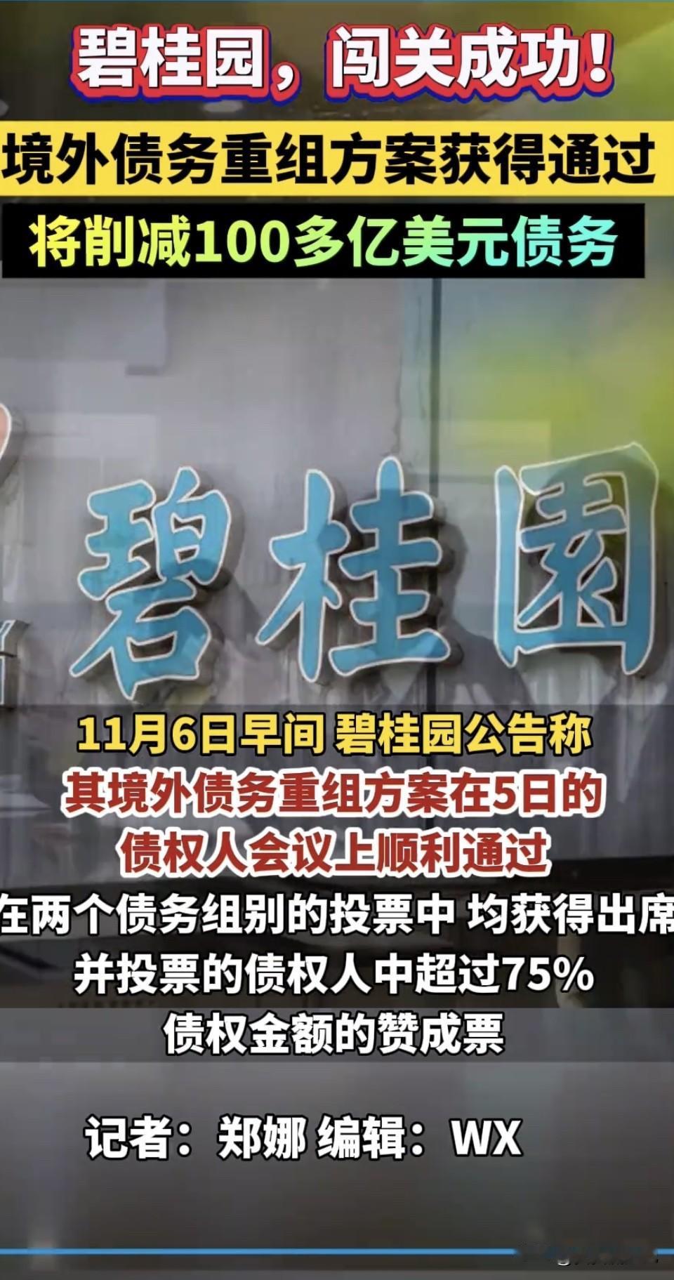 碧桂园境外债务重组方案通过，这消息太让人意外了！11月6日公告显示，11月5日债