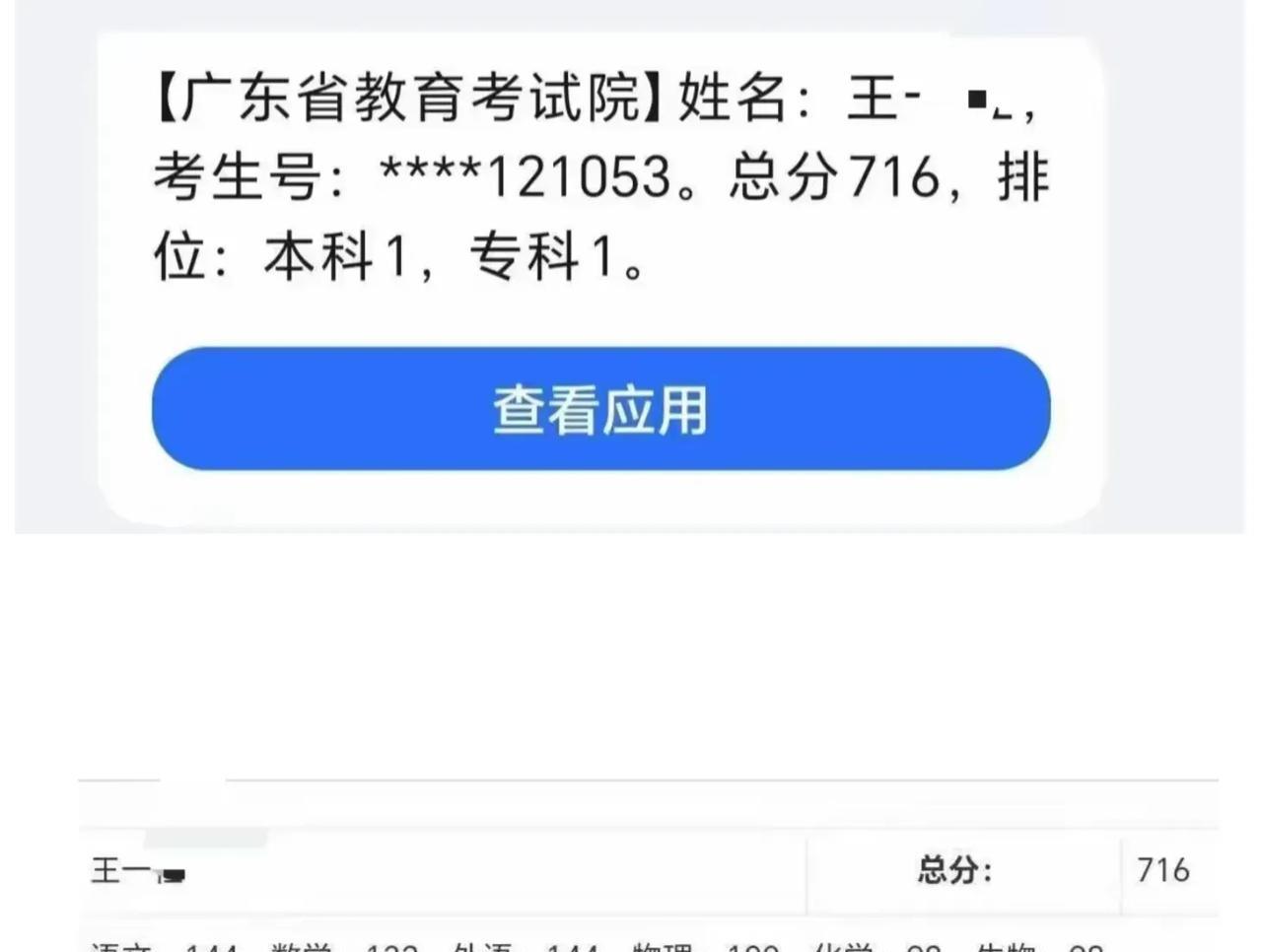 广东高考物理类第一名成绩出来了，总分716分，来自汕头潮阳实验学校。这位王同学的