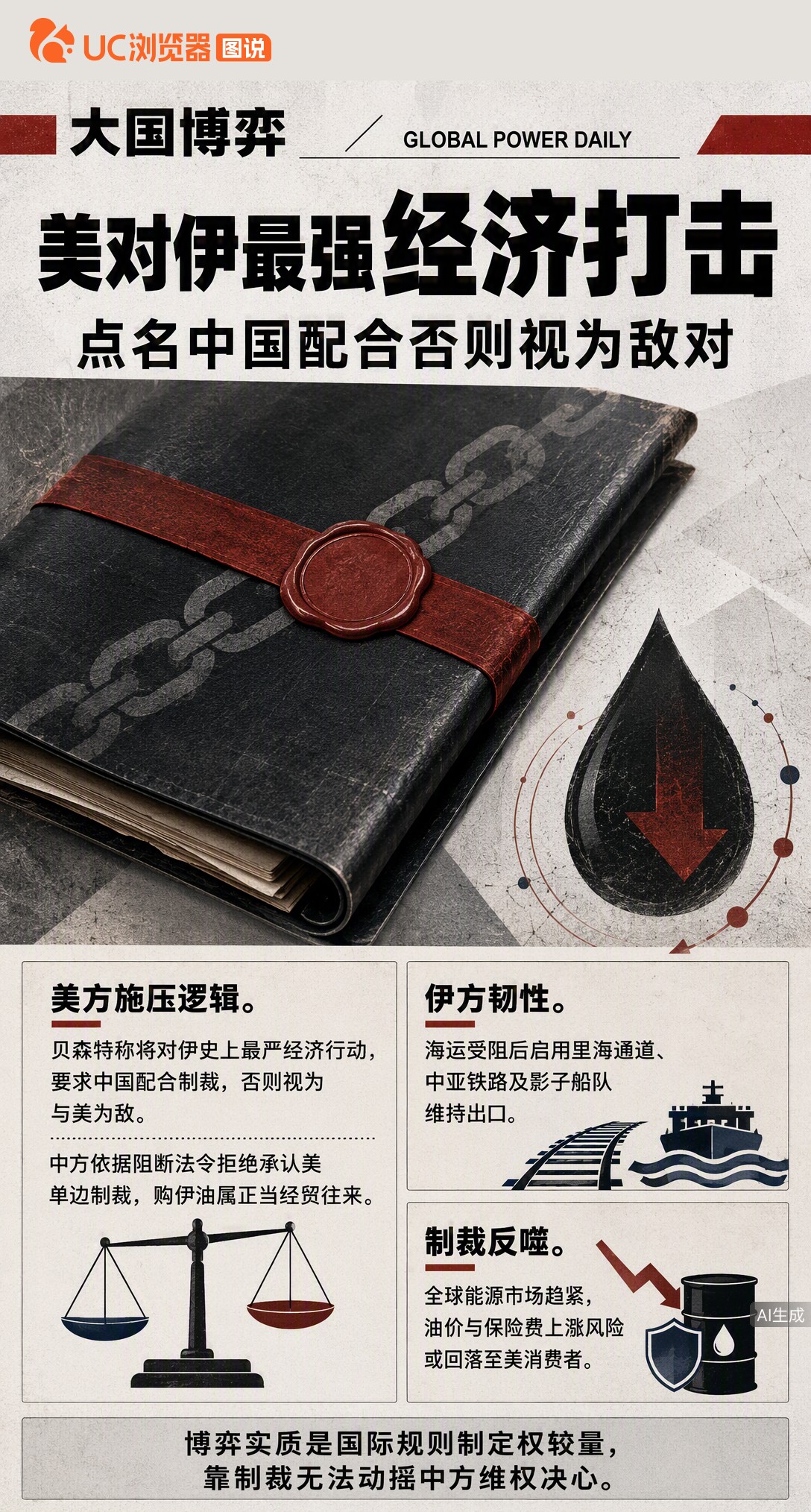 美财长放话对伊史上最严制裁，还点名中国必须配合。但伊朗八成海运原油流向中国，真把次级制裁抡向国企大行