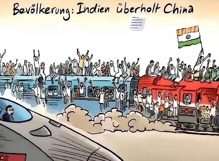 德国媒体也幽默，一幅漫画，“印度超越中国”。中国的子弹头高铁，美观，高速，干