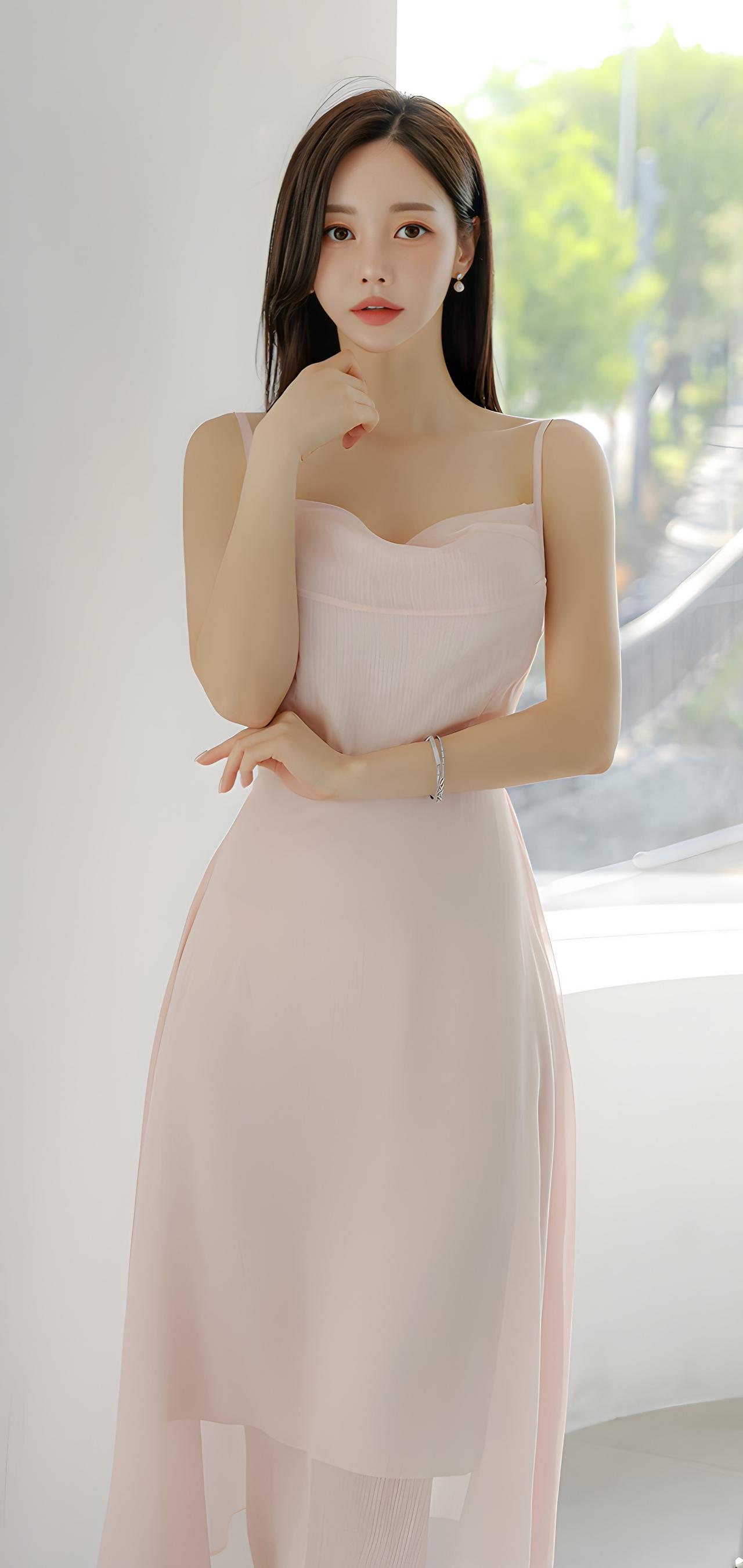 穿粉红色连衣裙的漂亮女孩坐在窗台上。那画面特别美好，粉色裙子衬得女孩青春活泼。