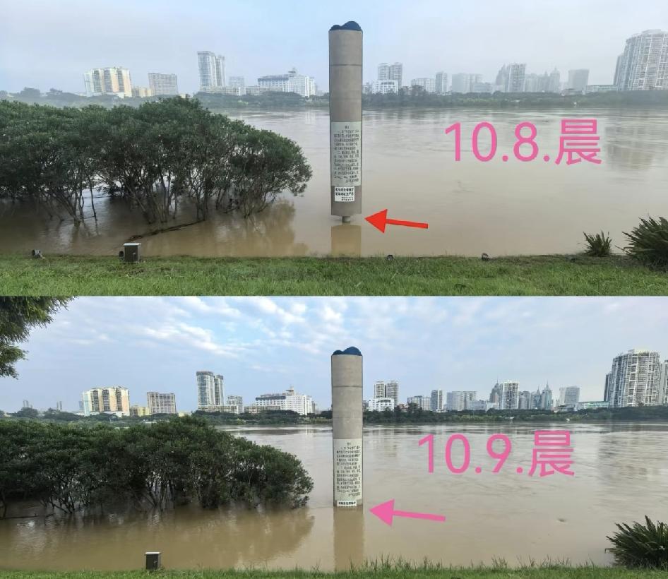 10.8vs10.9邕江水位对比，南宁稳住！北大桥堤坝塌陷稳住了。但堤坝老