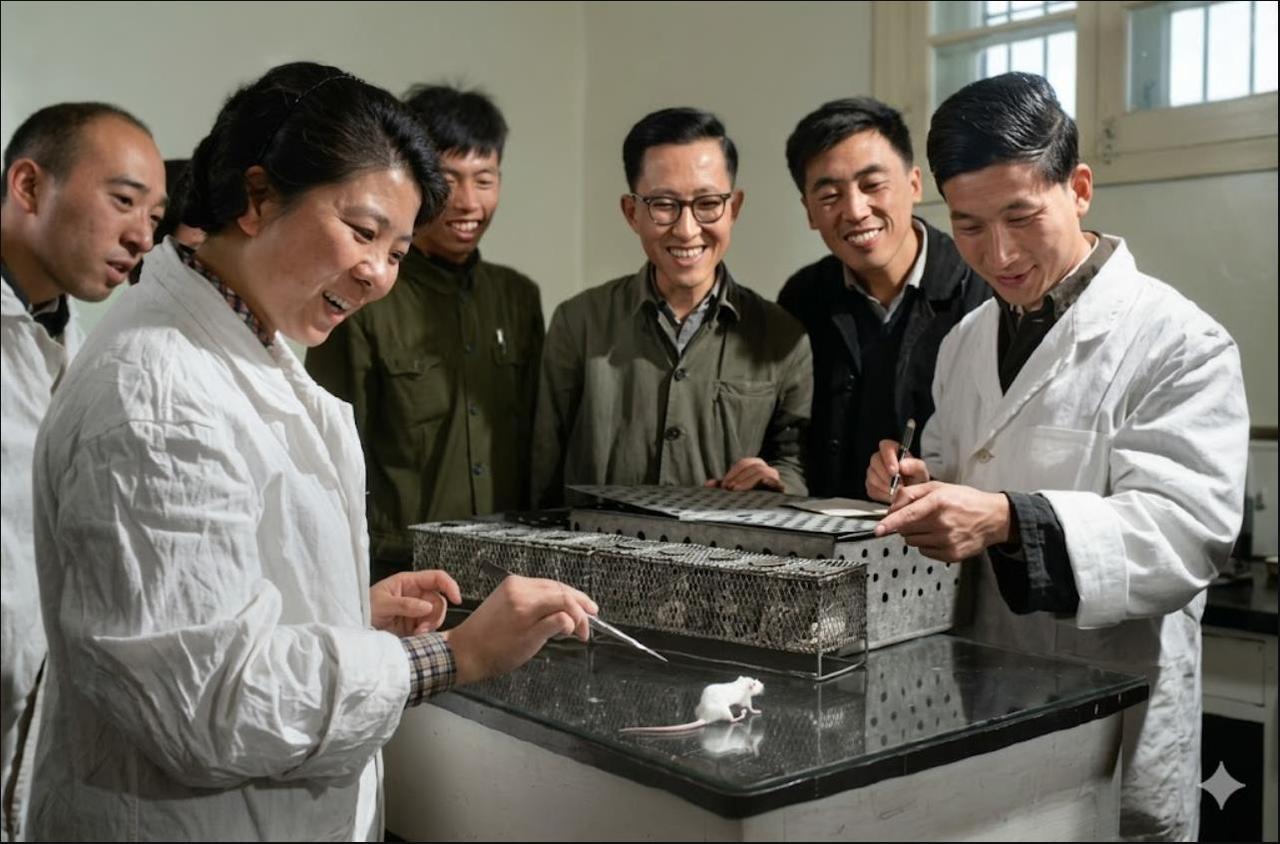 1965年，中国科学家完成世界首次人工合成结晶牛胰岛素。照片中，科研人员身着白