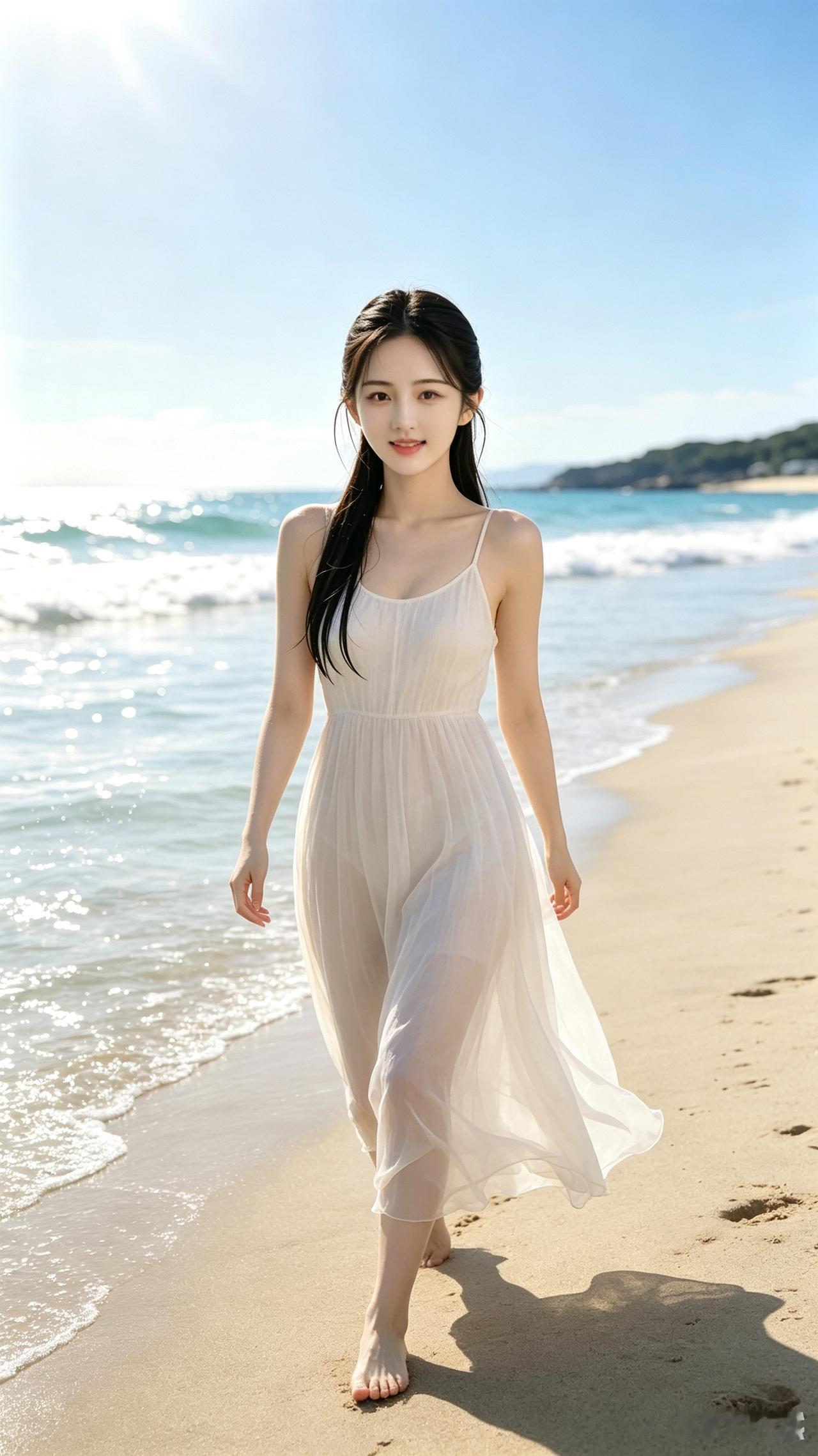 一个美丽的长发女孩，光着脚丫子在海边沙滩上散步。