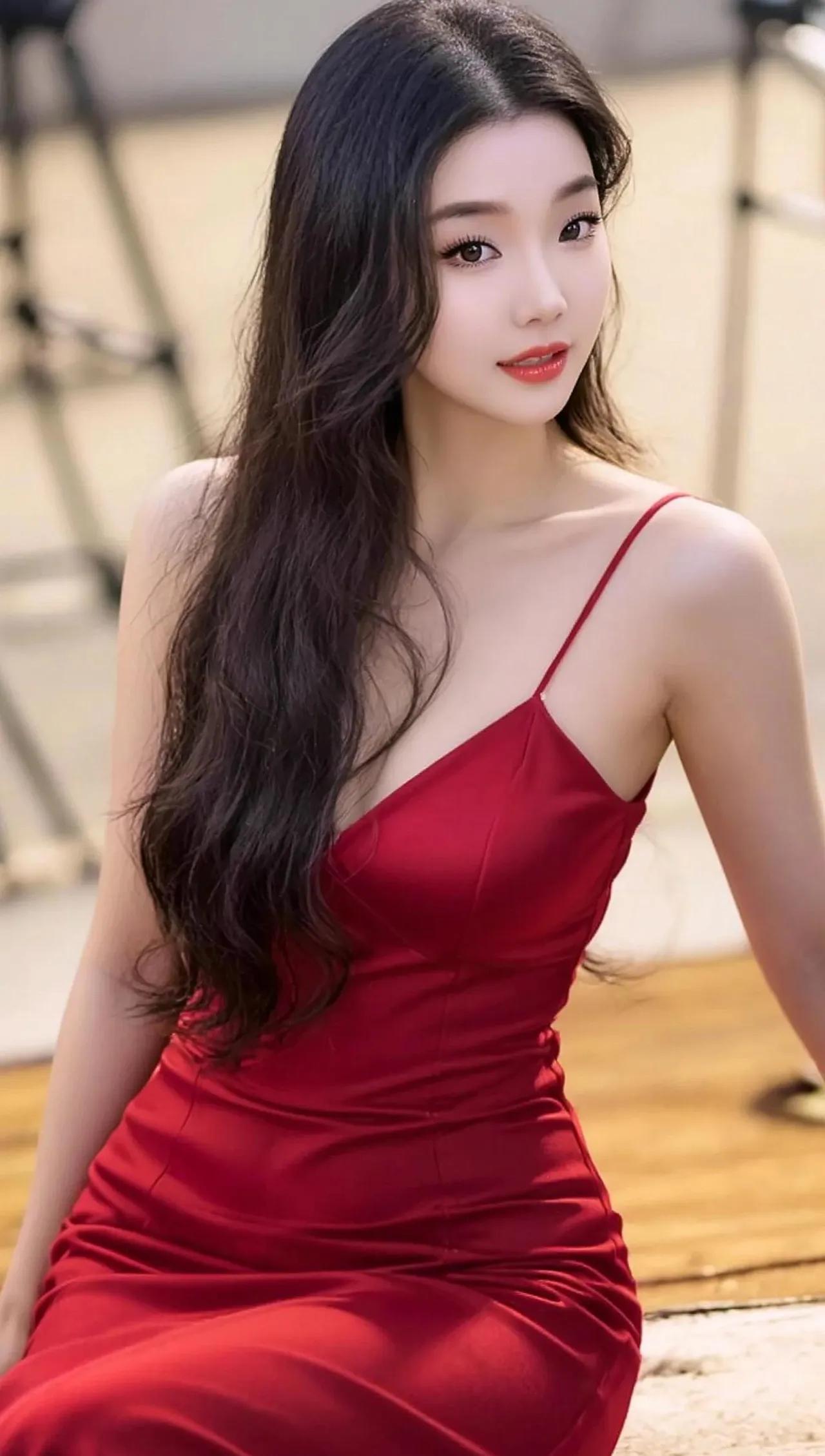 红裙少女，优雅迷人，散发着迷人的魅力。