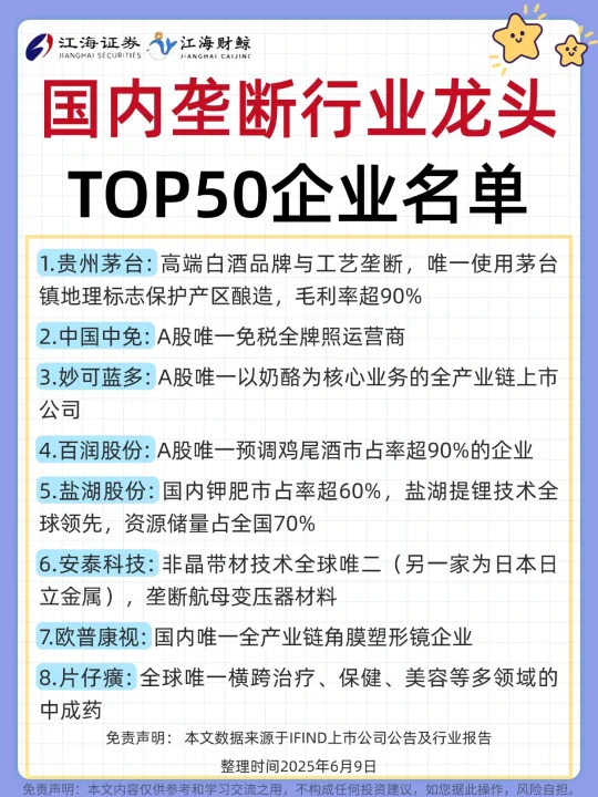 🔥国内垄断行业龙头TOP50名单
