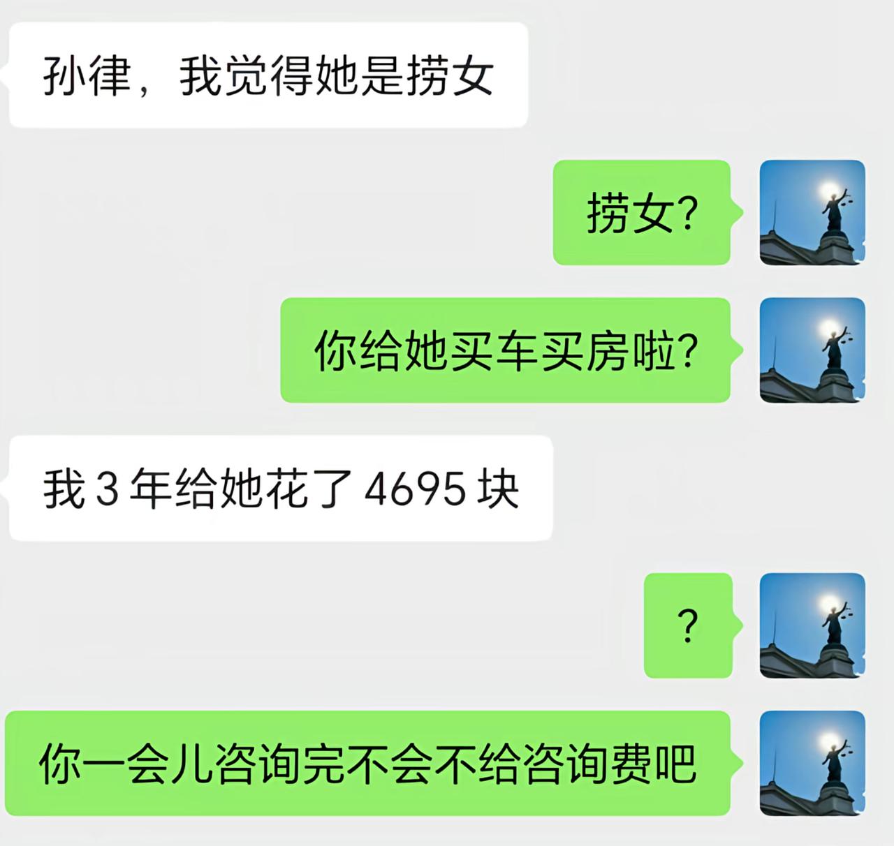 男子找律师求助，笃定交往对象是捞女。律师连忙询问，是不是为对方买车买房投入巨资。