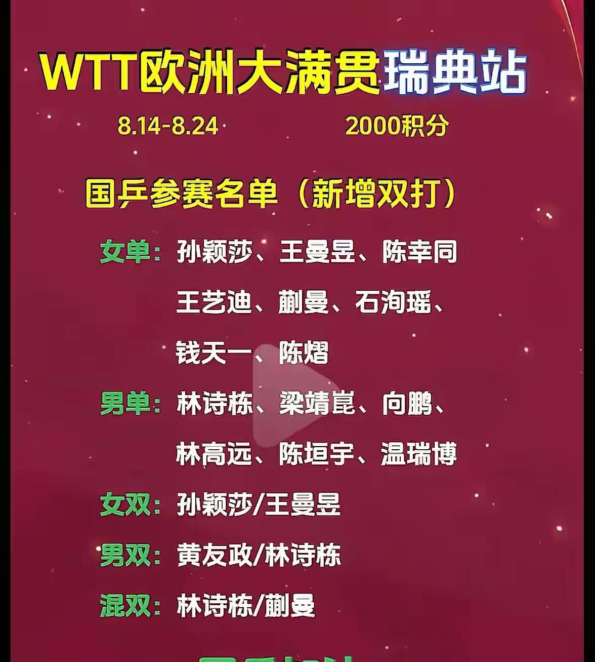 又是两千积分但是国乒雪藏了王楚钦，WTT瑞典站于8月14日至8月24日进行，国乒