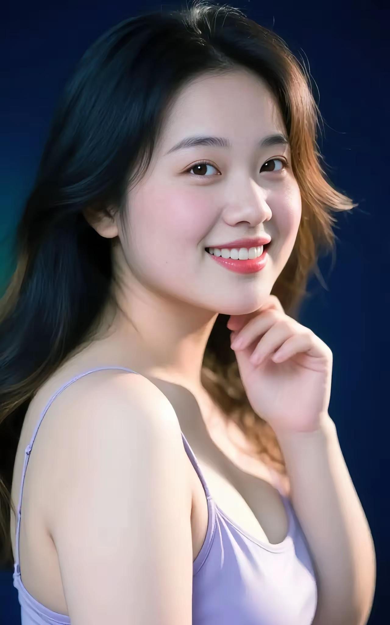 七律·国色天香青丝流瀑映娇容，玉面含春韵意浓。杏眼凝波藏秀慧，桃唇绽笑露玲珑