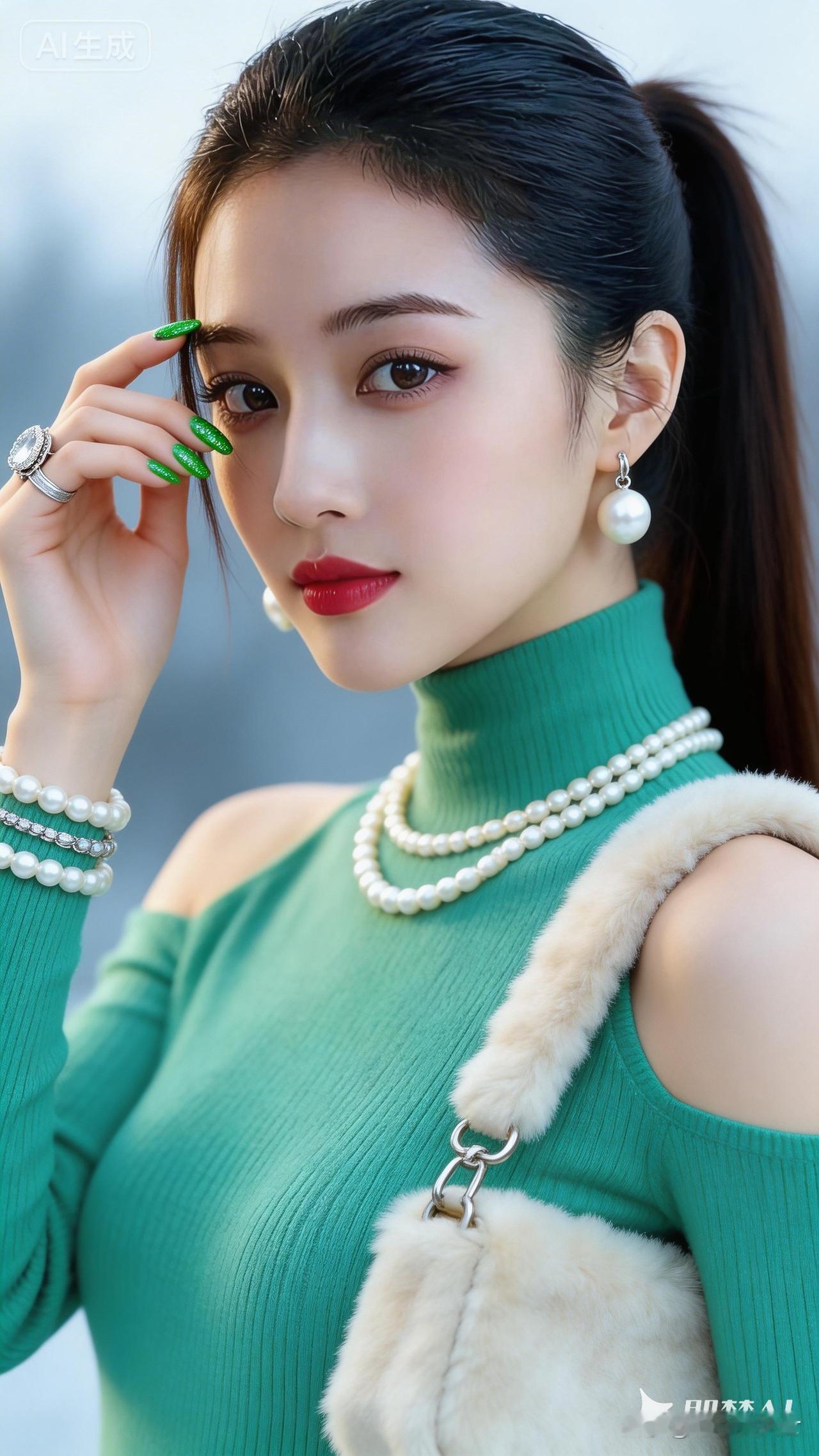 优雅珍珠配饰，绿衣少女，时尚穿搭