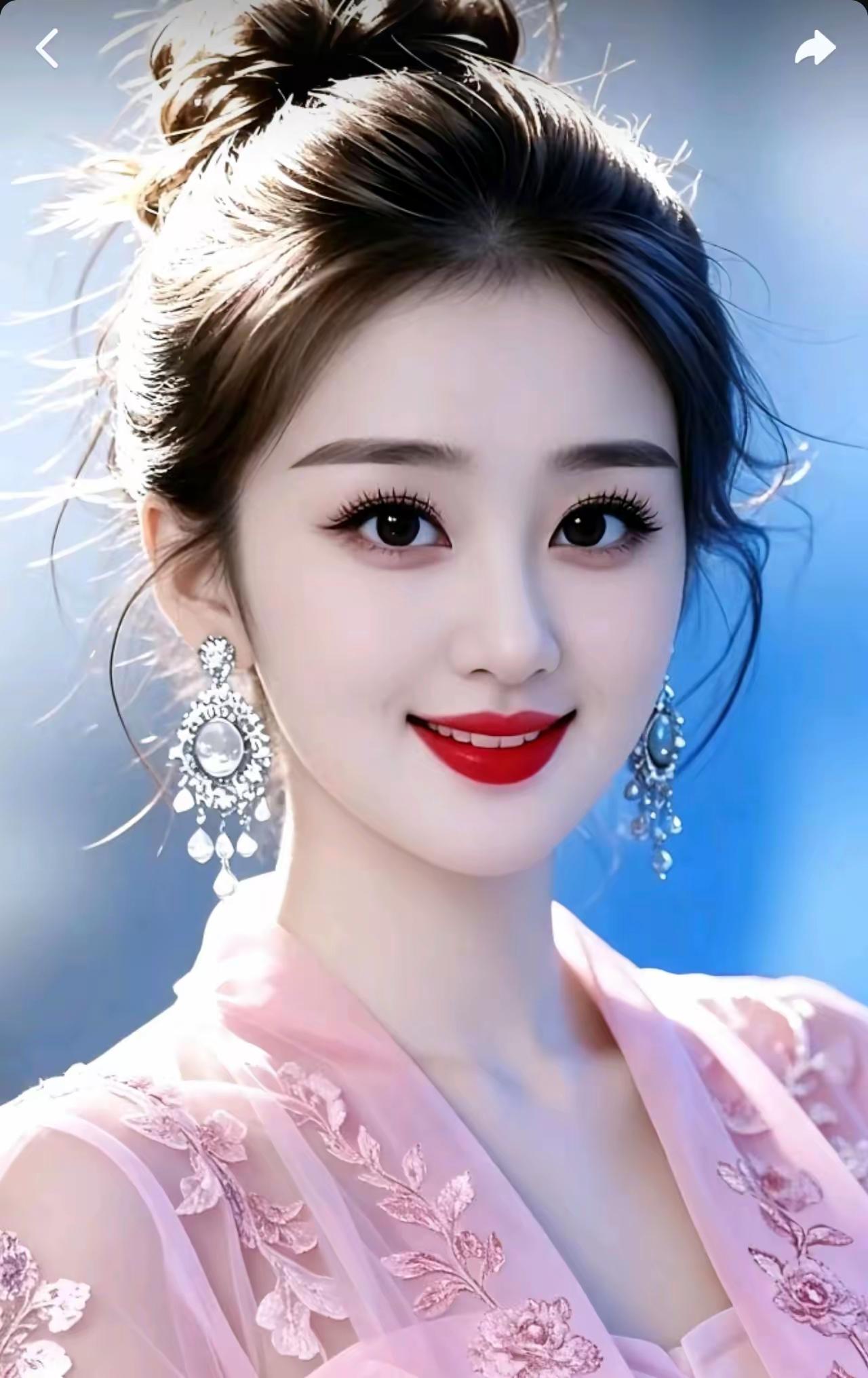 惊艳的古典美人，粉嫩的古风服饰，精致的发髻，优雅的笑容，宛如画中仙子。