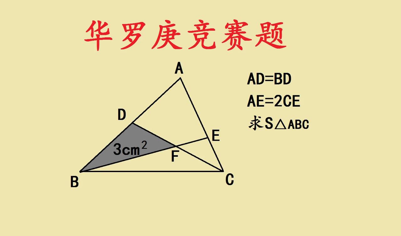 这是一道华罗庚竞赛题，题目是关于三角形面积求解的。已知条件为AD=BD，A