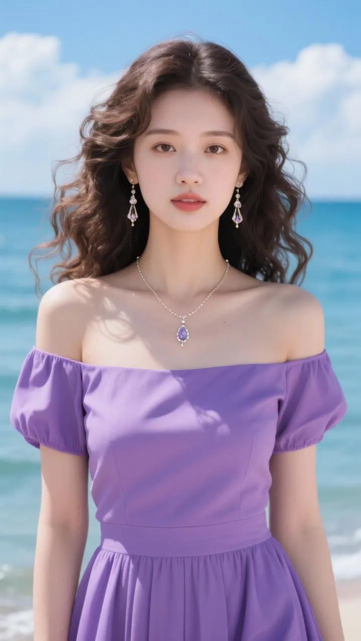 海边少女穿搭指南：紫色露肩裙+珍珠项链，优雅动人！