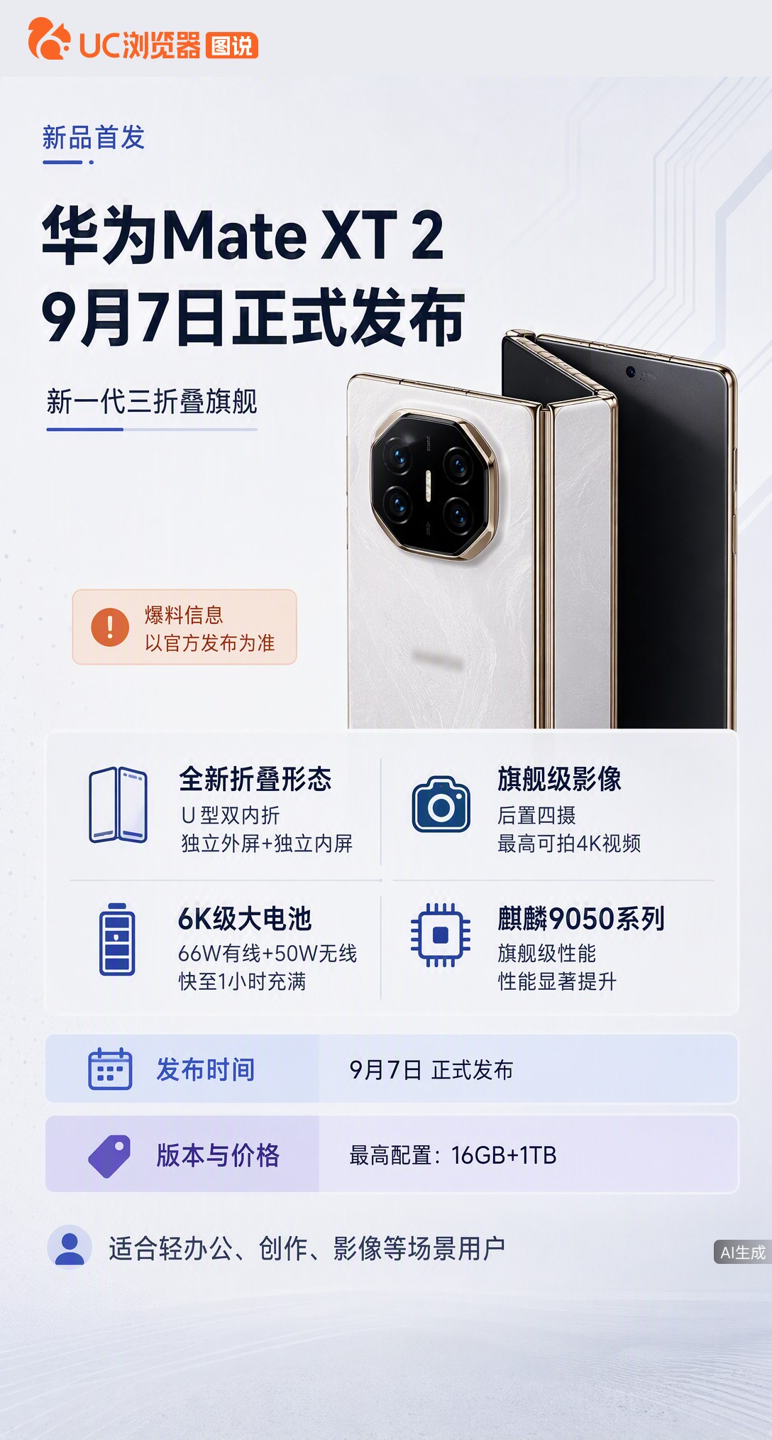 华为MateXT2官宣9月7日发布，折叠形态从Z型变U型双内折。电池升至6K级、芯片暂定麒麟9050