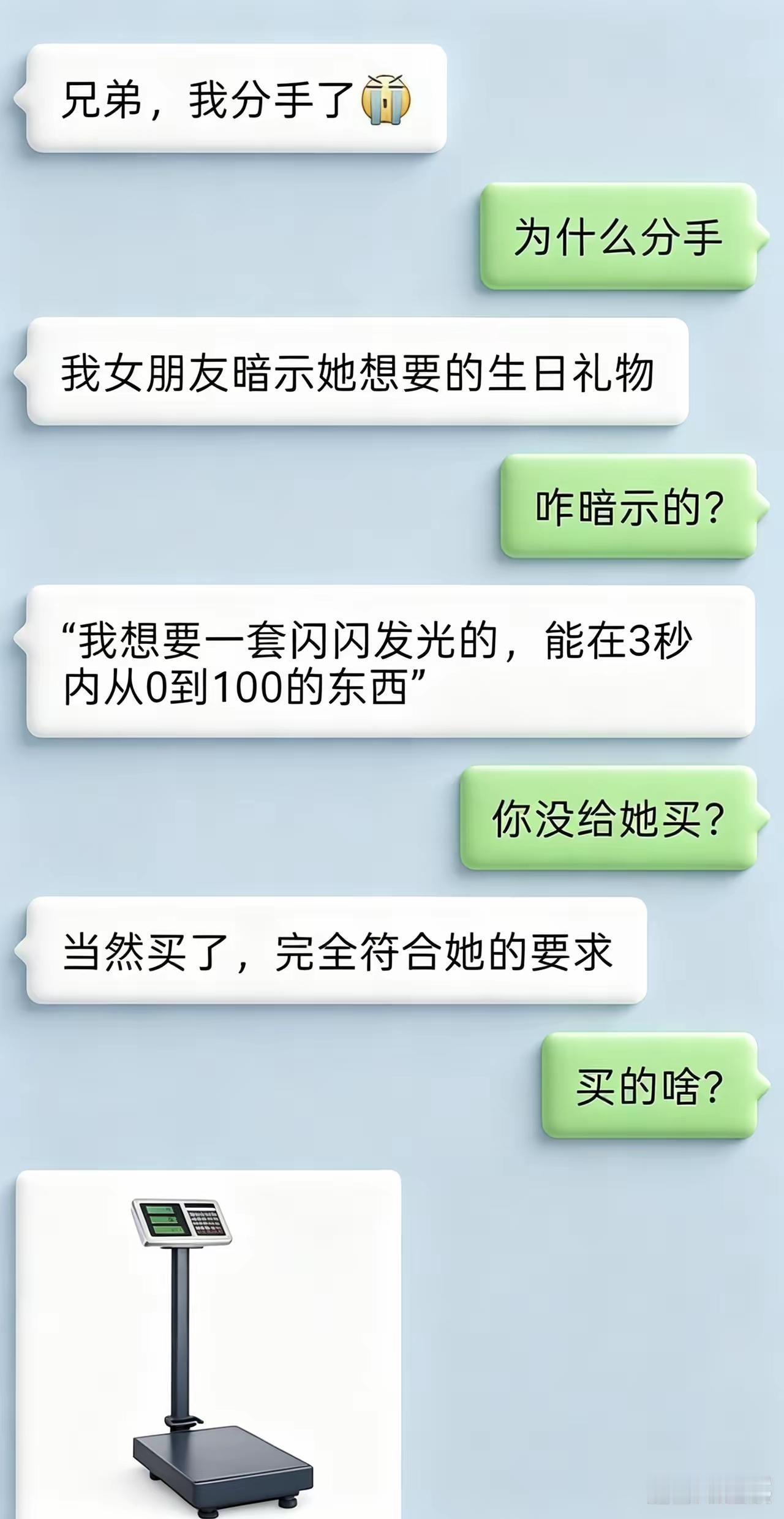 被分手的原因一定是被女朋友感到遭受了人格侮辱。你知道，体重秤都是显示公斤的。[捂