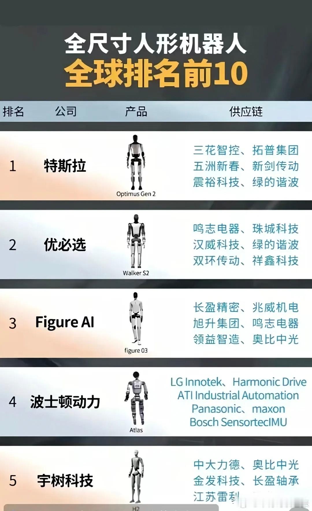 人形机器人前10公司供应链。虽然我不看好人形机器人但是，也会强迫自己关注相关的公