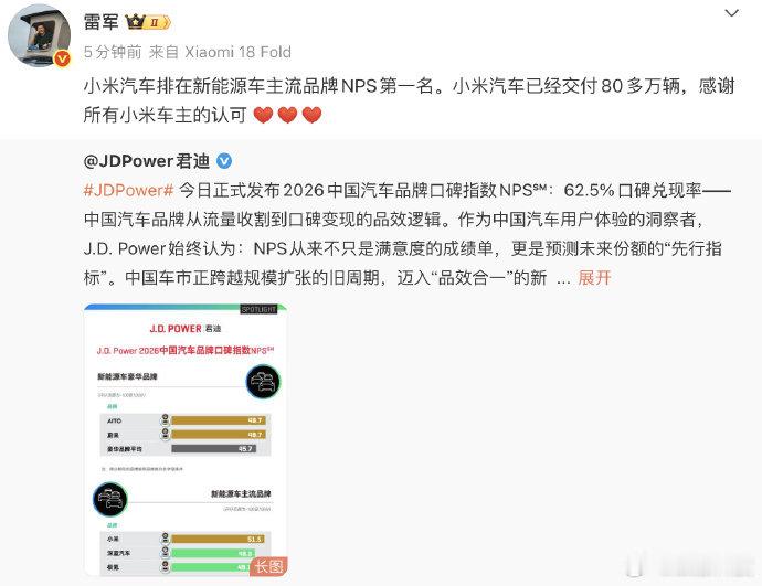 #雷军感谢80万小米车主#【#小米汽车NPS第一#】9月17日，小米创办人、董事长兼CEO发文，小米