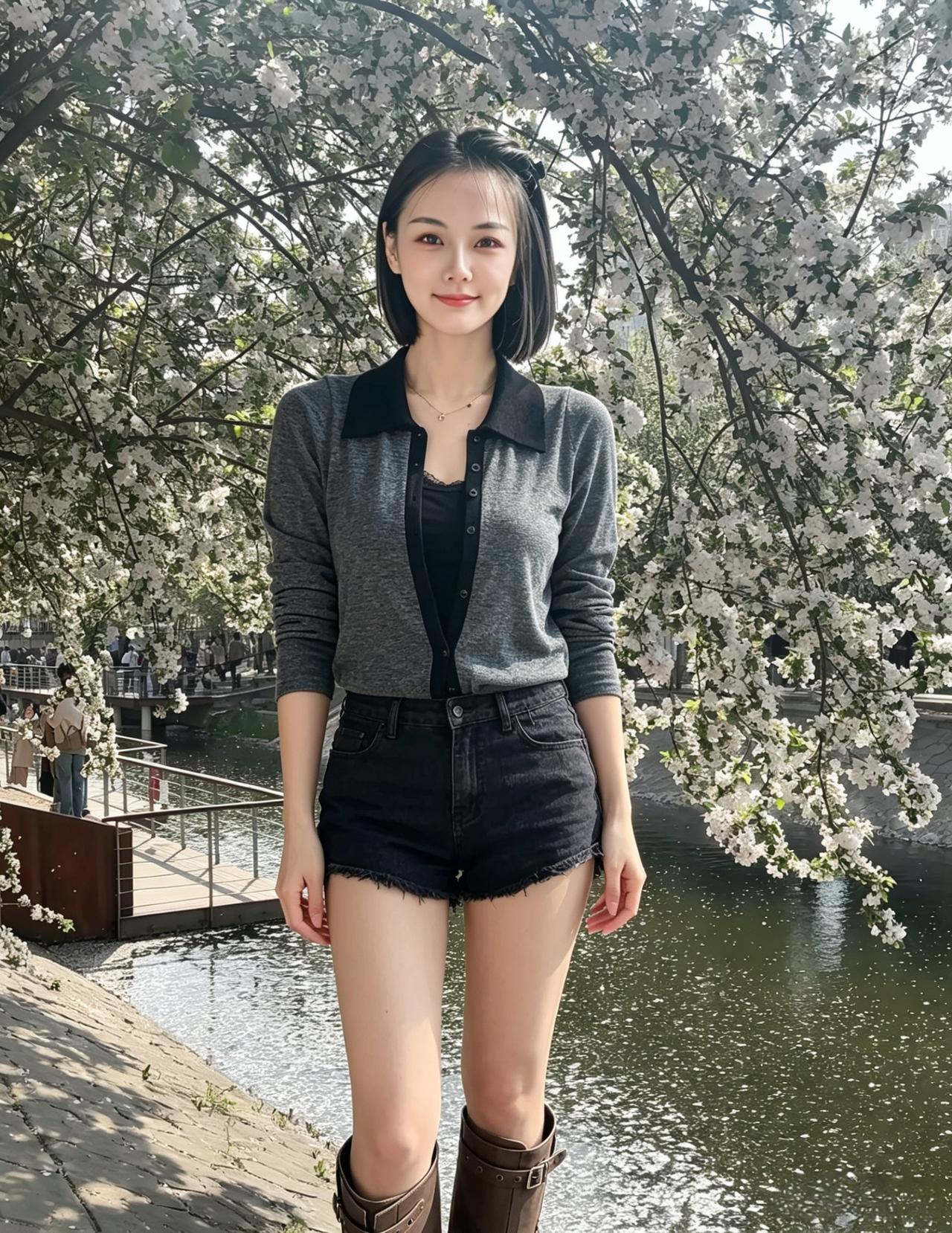 你站在花溪旁灰衫衬得眉眼清亮短发垂落肩旁像揉碎的春光落在寻常街巷风掠过