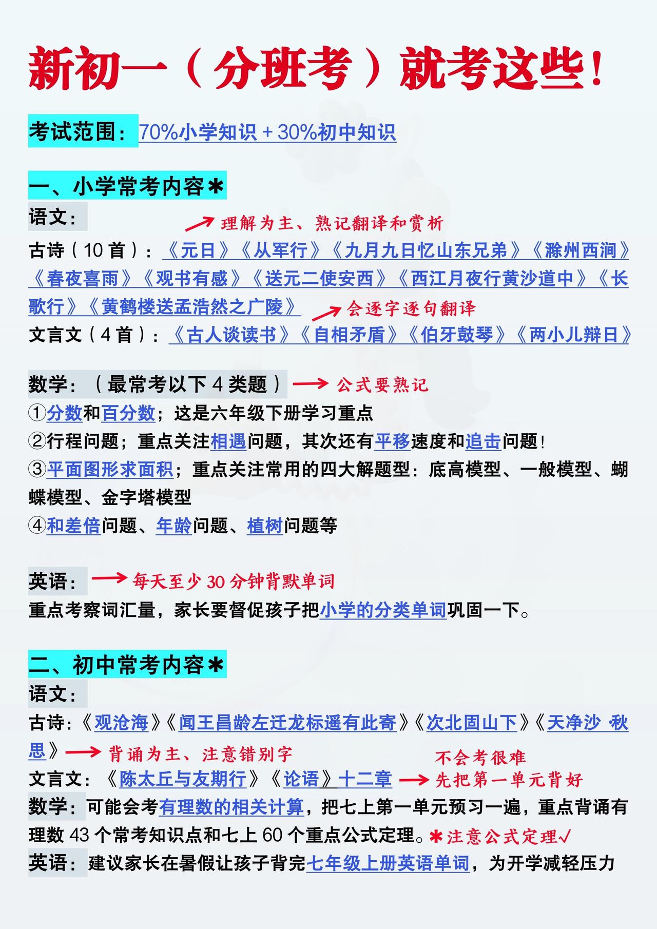 新初一分班考就考这些❗提前预习才能逆袭🔥