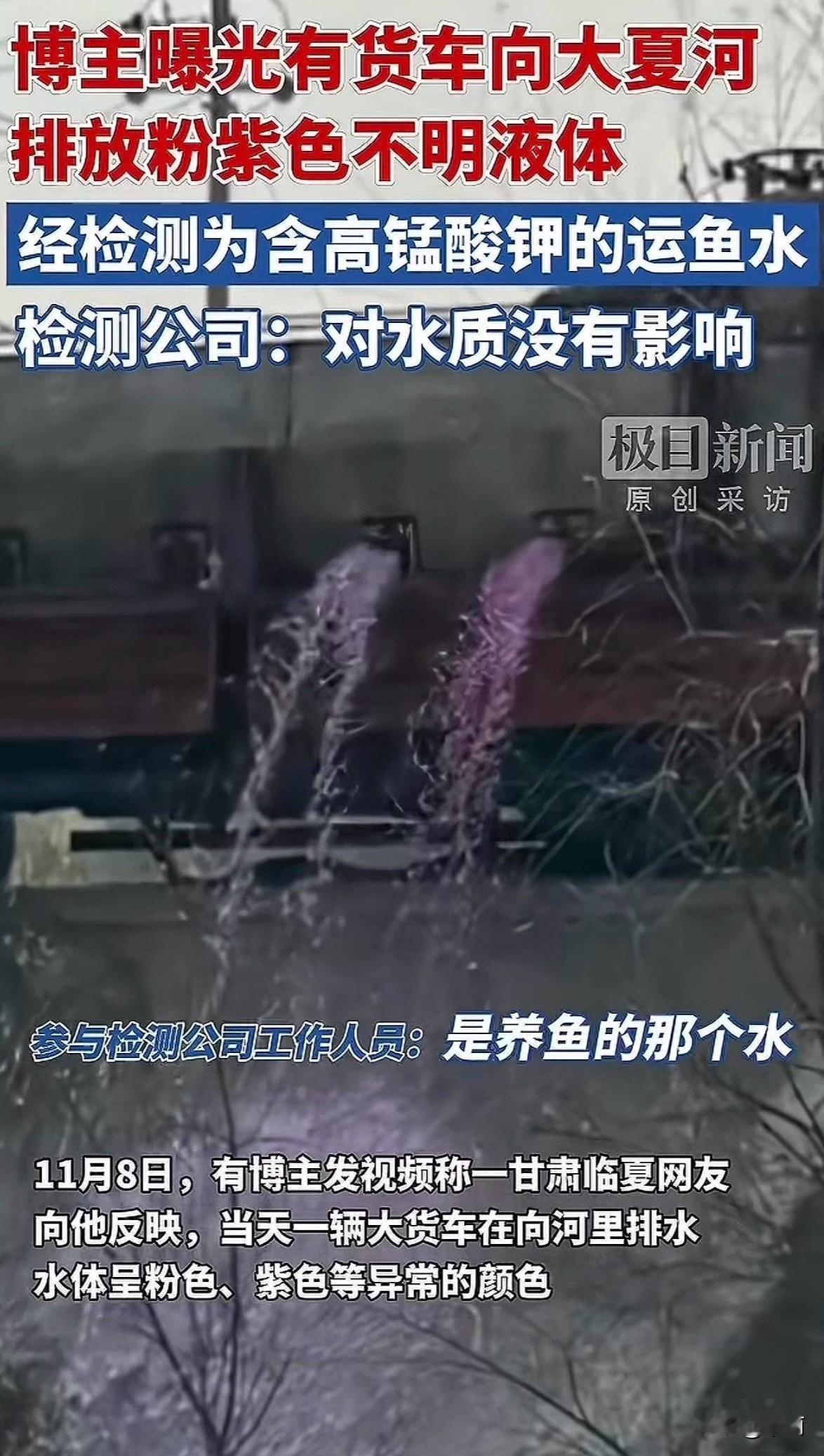 11月8日下午，甘肃临夏市折桥镇大夏河边，有网友发现货车向河中排放粉紫色带异味的