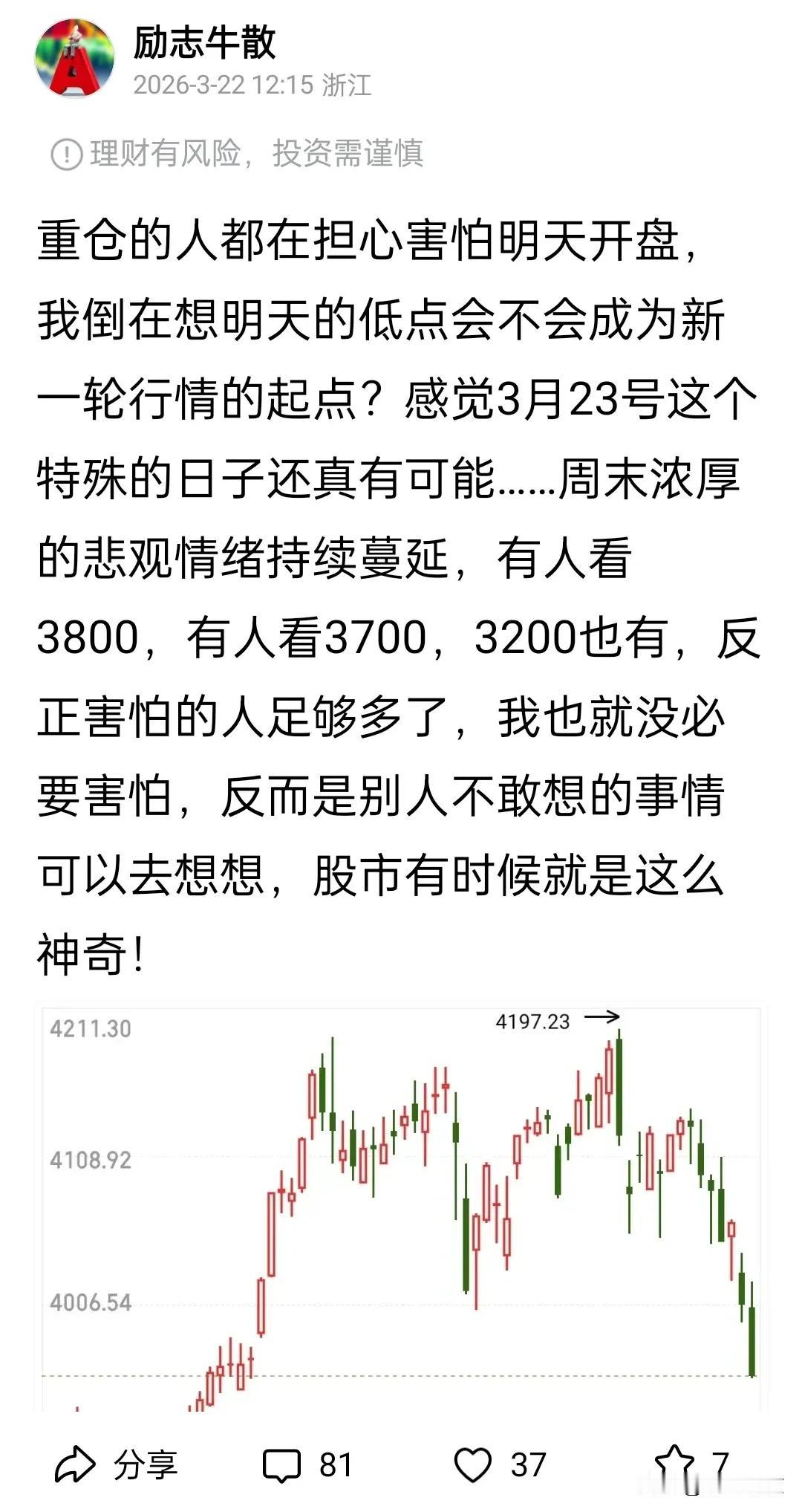 市场不会骗人，但是人会自己骗自己……当那天跌破3800的时候多少人都认为牛市结束