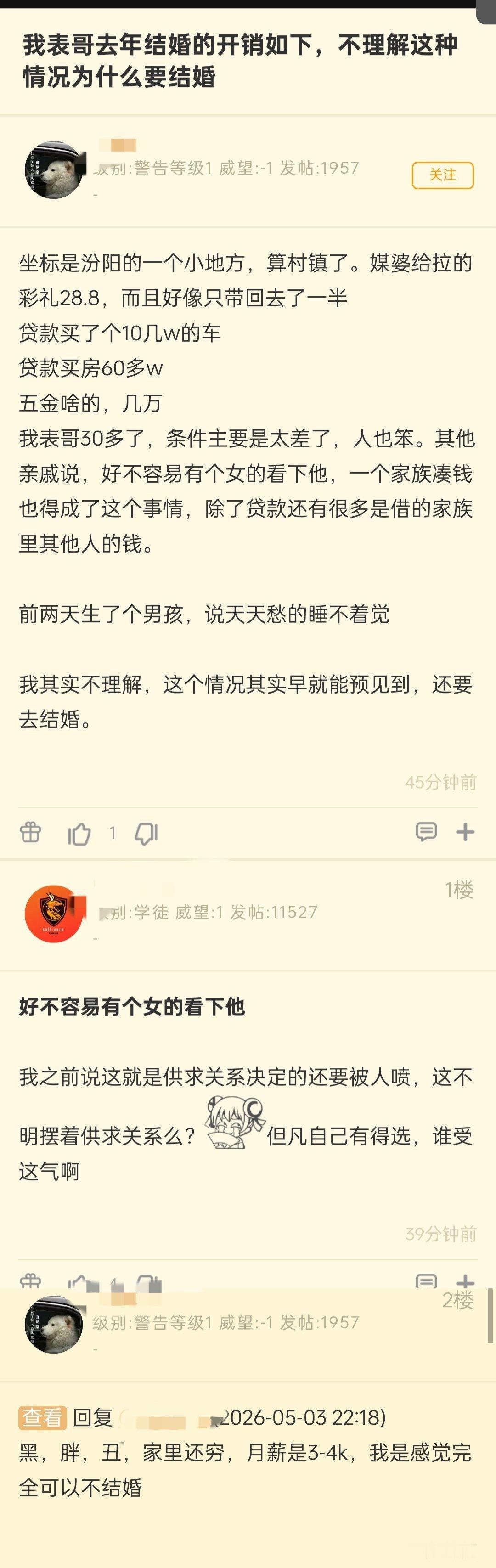 网友的表哥去年结婚的开销如下