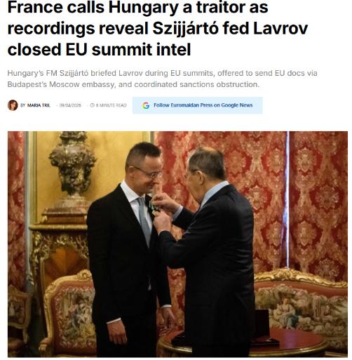 法国外交部长让-诺埃尔·巴罗于4月9日称匈牙利对其欧盟伙伴的行为是背叛。 事