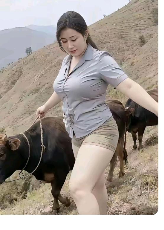 〔欣赏图片〕图中画面真有趣；一个美女在放牛；手牵头牛的缰绳；气质这块杠杠