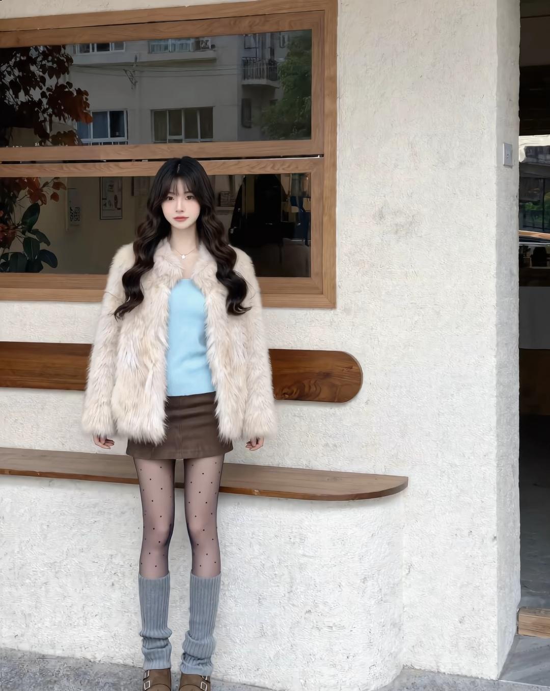 冬日穿搭指南：毛绒外套+蓝裙+灰靴，温暖又时尚！