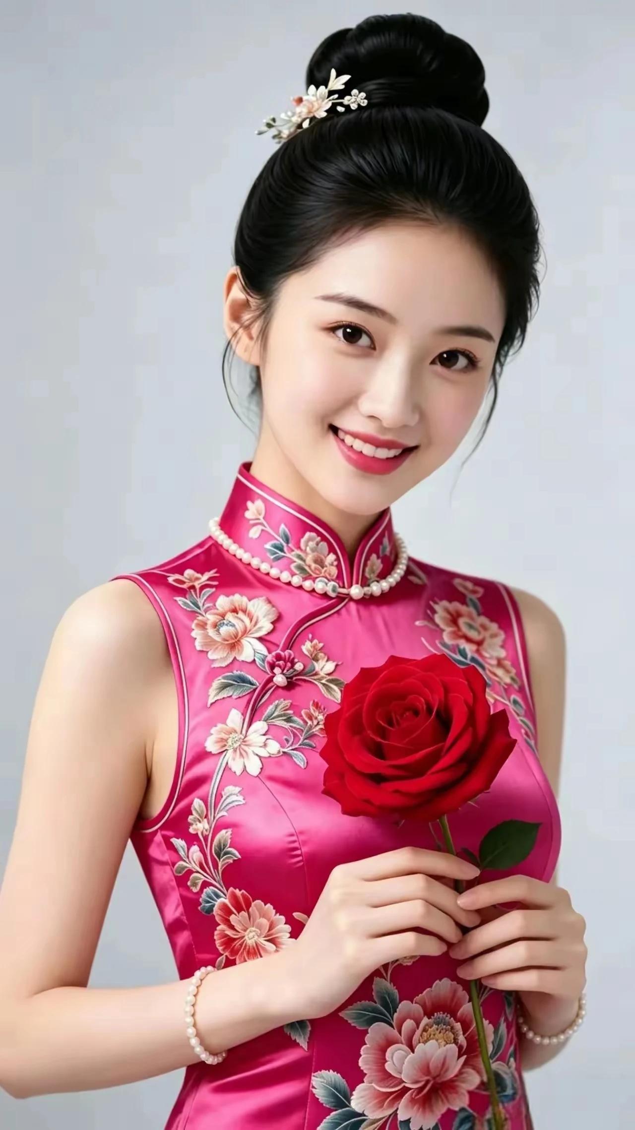 【诗情画意15】髻绾青丝簪素花，一袭绯香衬玉霞。手持玫瑰嫣然笑，眸若秋