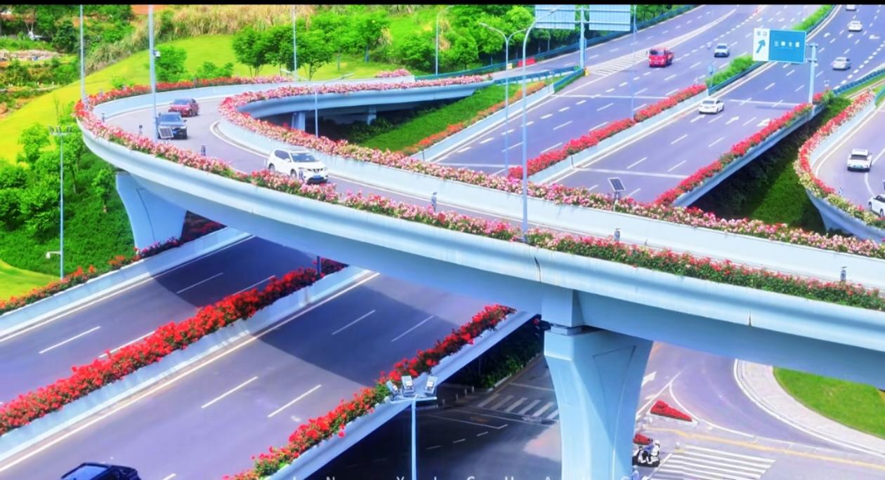 宜昌市港窑路快速路上的鲜花鲜艳欲滴，美不胜收，沁人心脾！从宜昌开车走港窑路到小