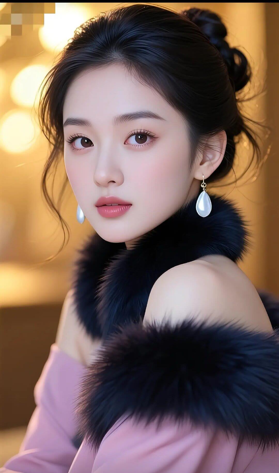 优雅黑发美人，珍珠耳环闪耀，粉色礼服尽显魅力