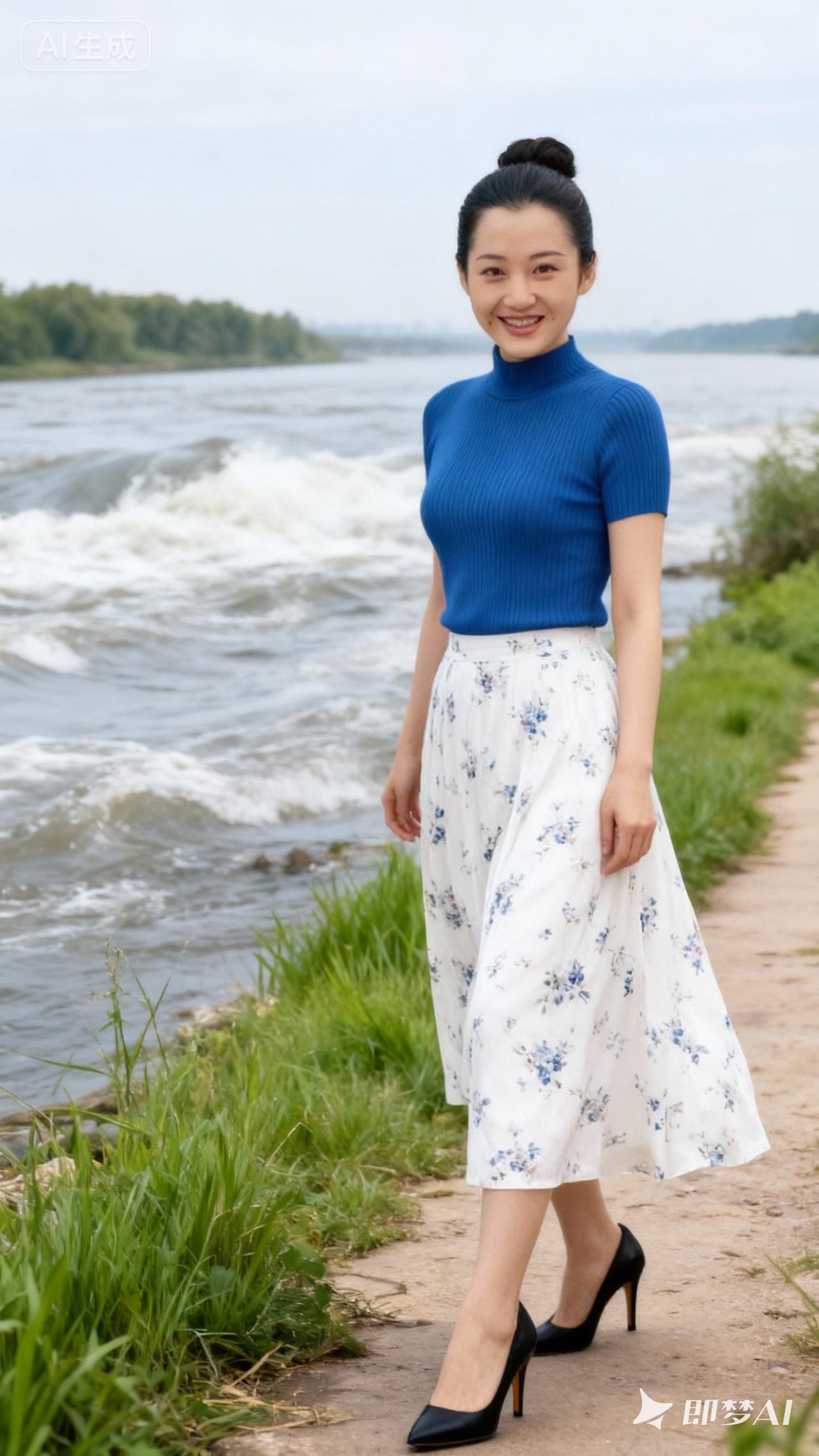 夏日河畔穿搭指南，蓝色高领衫+印花长裙，优雅动人！🌊👗💃