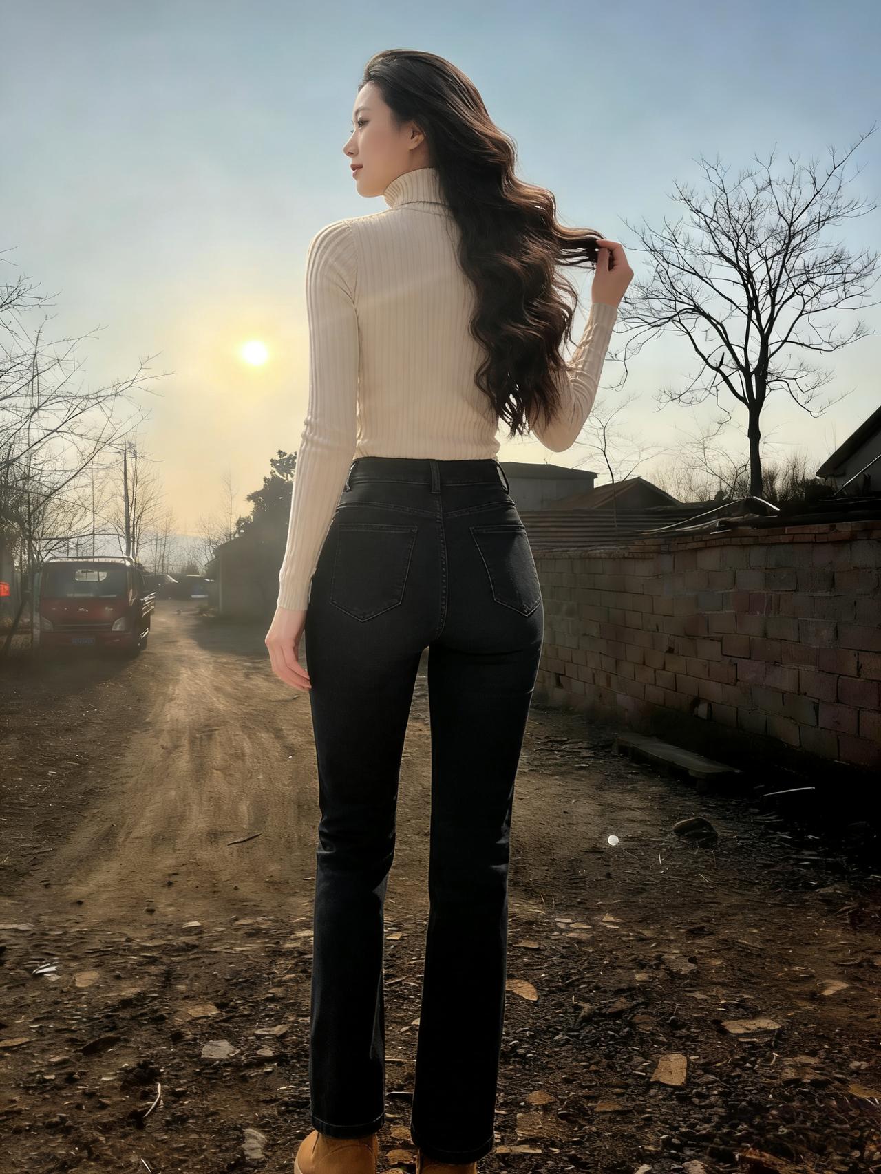 落日熔金路，孤影向遥岑。轻衫凝晚照，紧裤染秋阴。长发垂寒背，轻靴踏野林。不