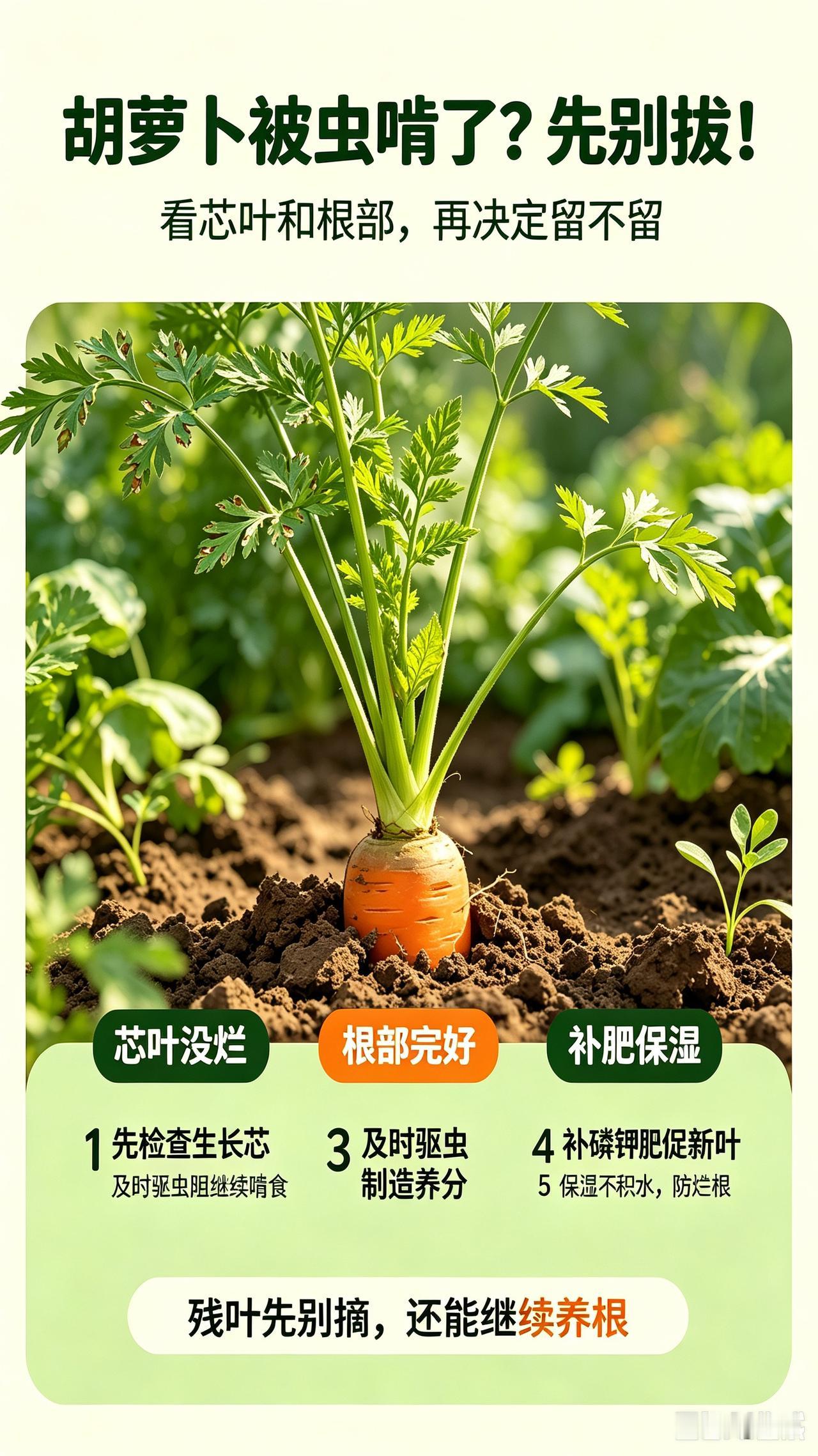胡萝卜叶子被虫啃光了？先别着急拔！不少菜友问，胡萝卜长到5片叶，叶子被虫子