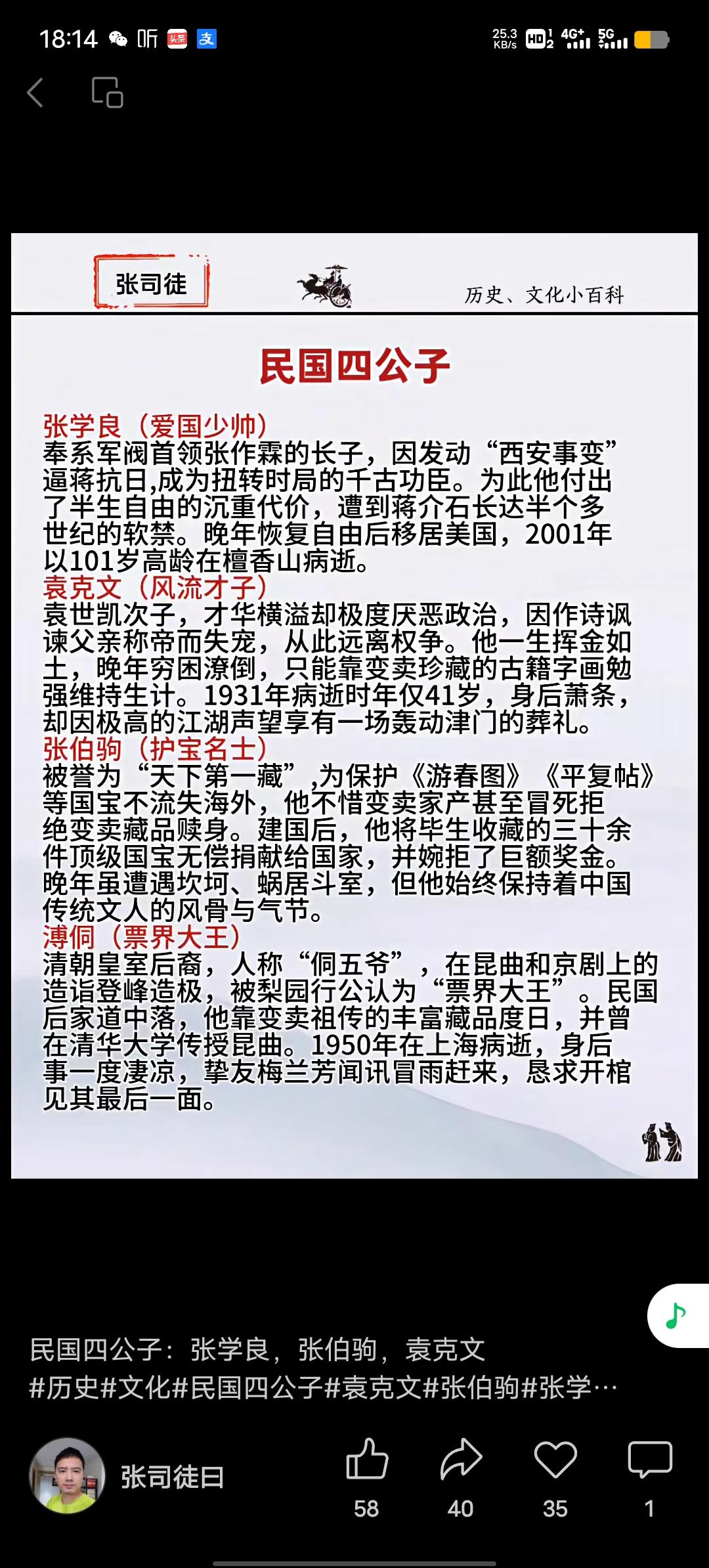 民国四公子，一般指袁克文、溥侗、张伯驹和张学良。这里面我最佩服张伯驹。他1898