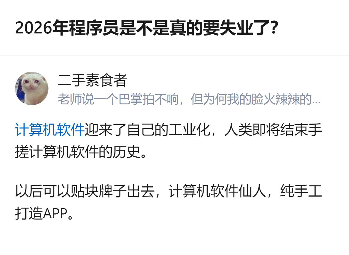从现有信息看，2026年程序员相关的软件生产将迎来工业化，人类即将结束手搓计算机