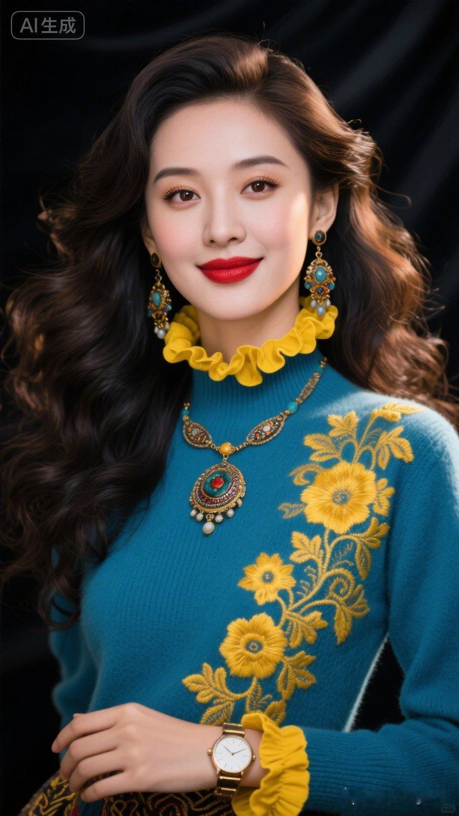 复古风穿搭指南：黄色花朵毛衣+红唇，优雅动人！