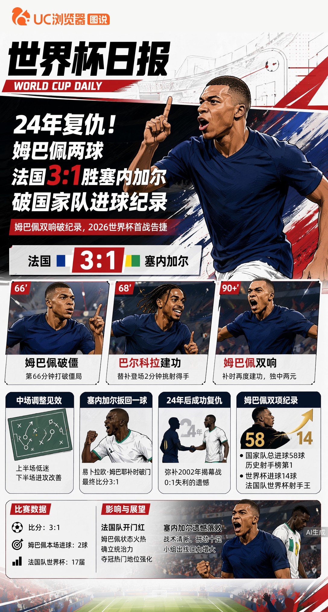 24年复仇！姆巴佩两球法国3:1胜塞内加尔，破国家队进球纪录