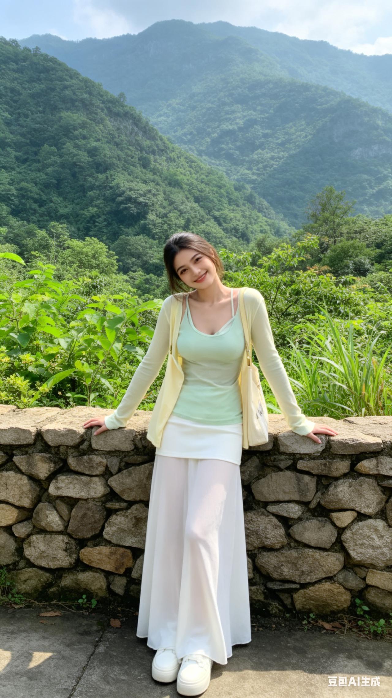 山间小路，绿意盎然，清新穿搭，自然相伴。