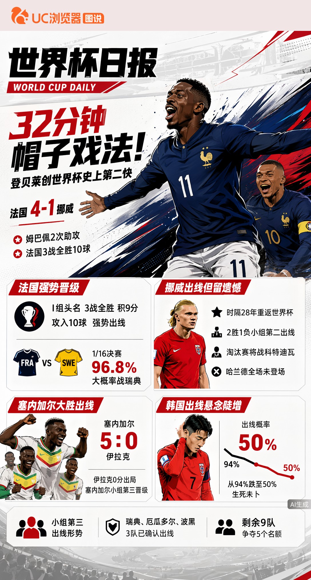 32分钟帽子戏法！登贝莱创世界杯史上第二快，法国4-1横扫挪威