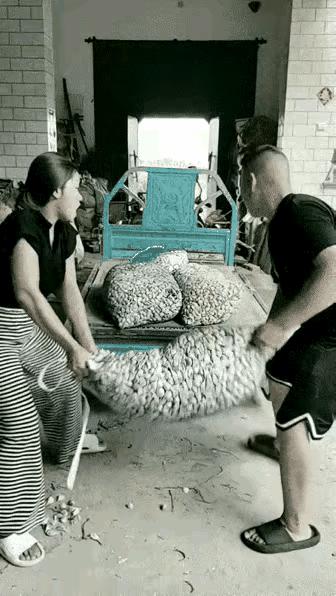 小杰扛花生袋子上车，一使劲把弯腰递袋的老婆也拖进车厢。老婆摔坐麻袋上，愣两秒，