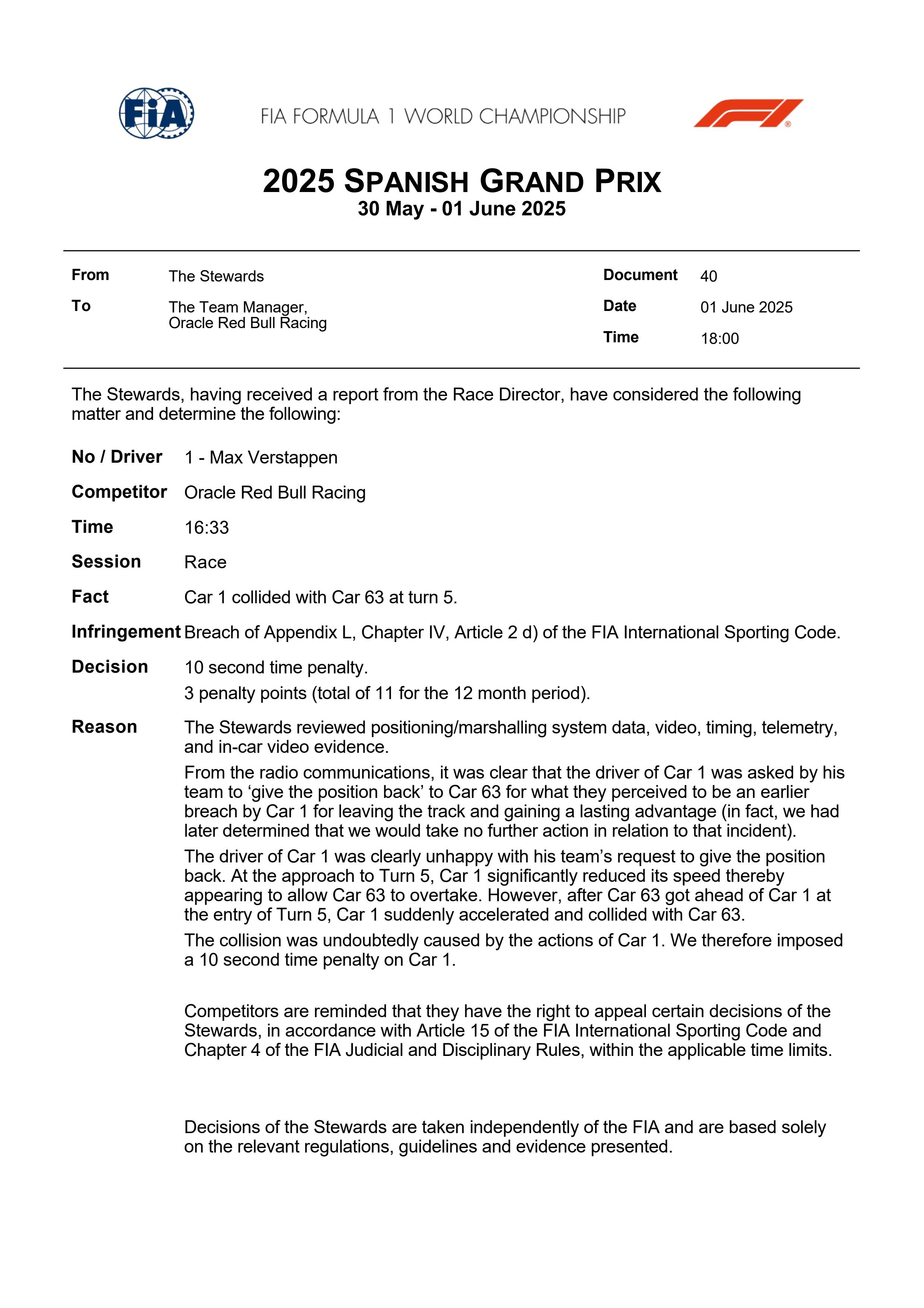 F1维斯塔潘因引发与拉塞尔之间的碰撞，被罚时10秒，同时超级驾照扣3分！12个